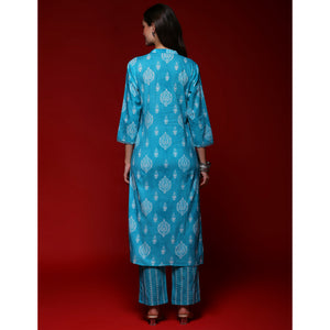 Turquoise Printed Pure Cotton Straight Salwar Suit