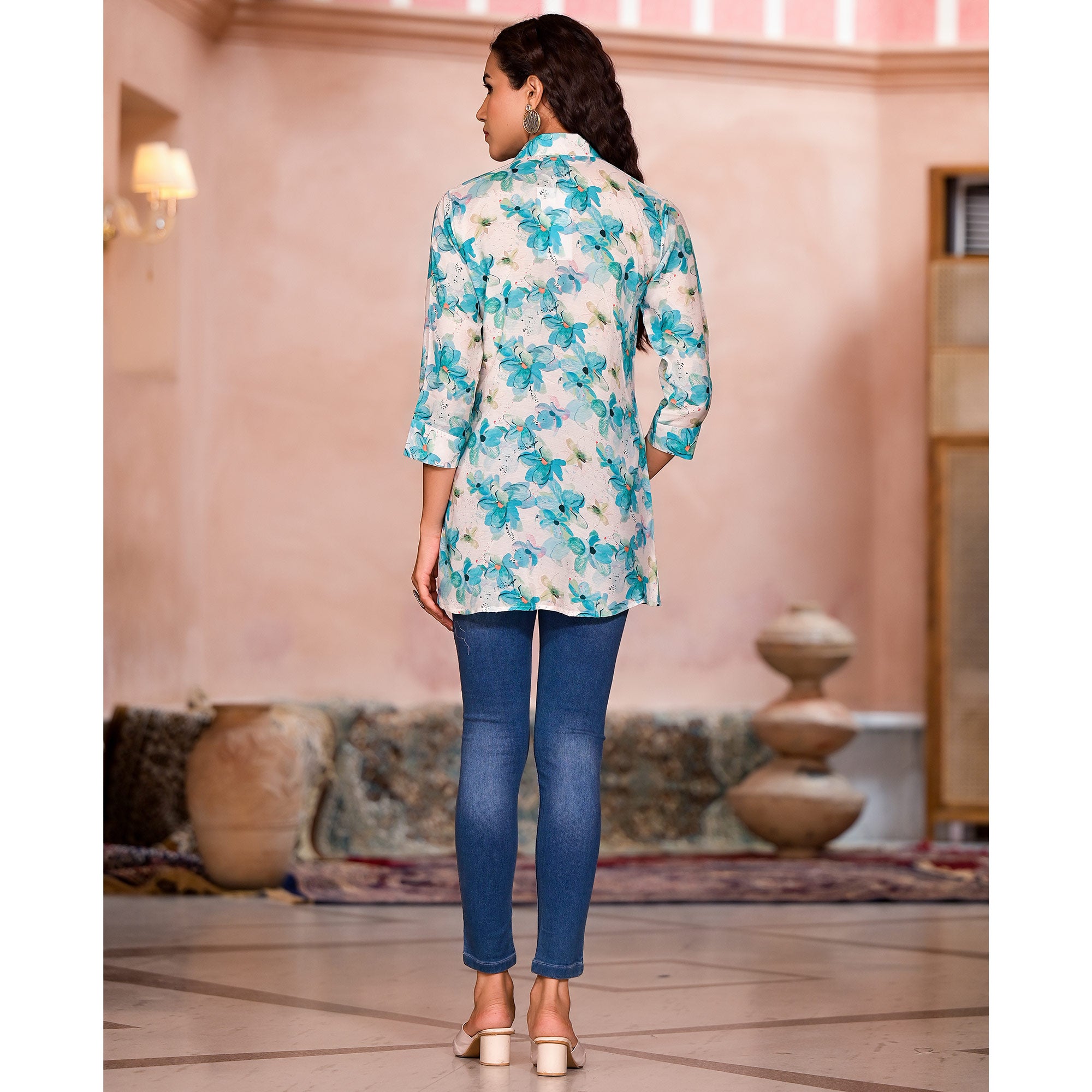 Turquoise Floral Printed Muslin Top