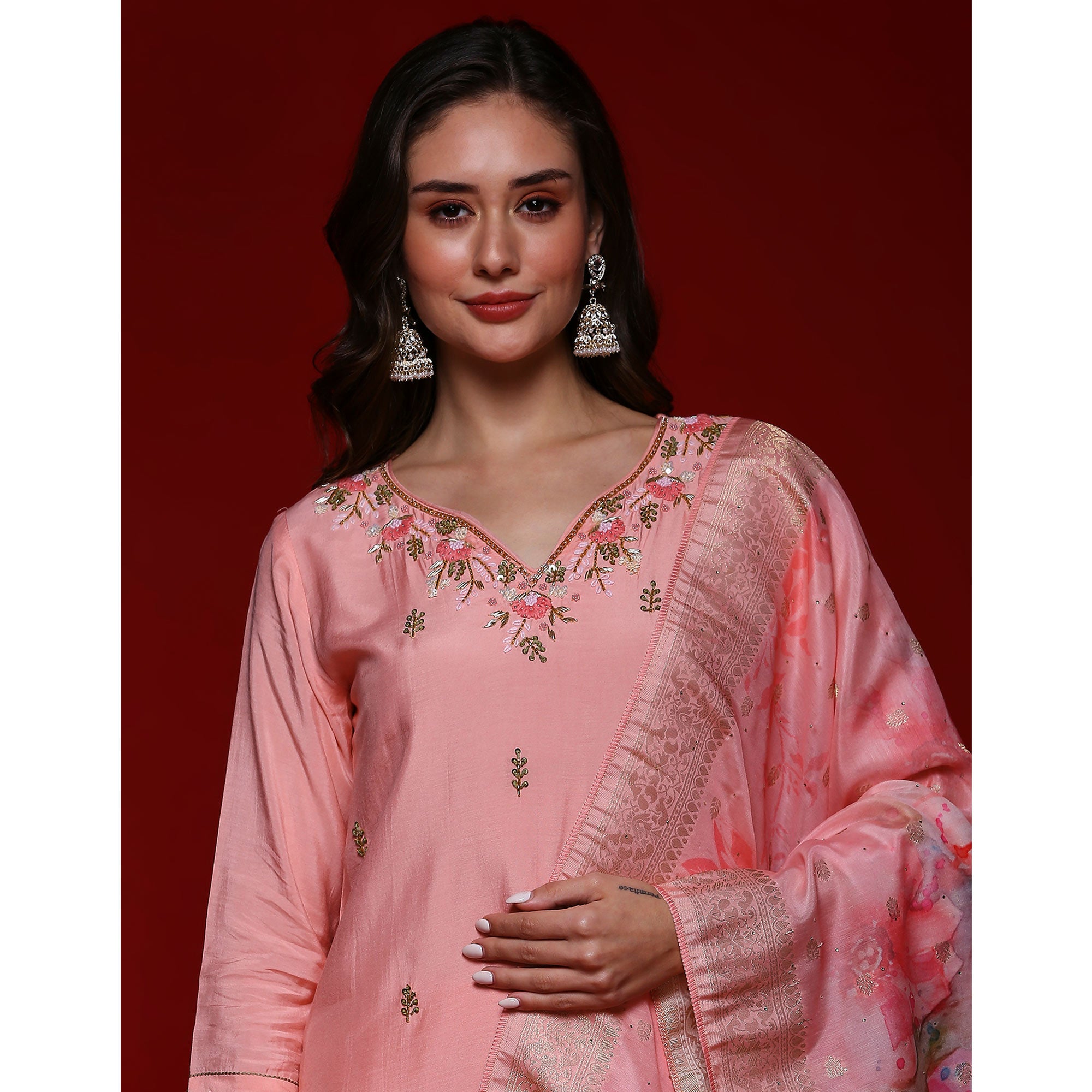 Pink Floral Embroidered Muslin Straight Salwar Suit