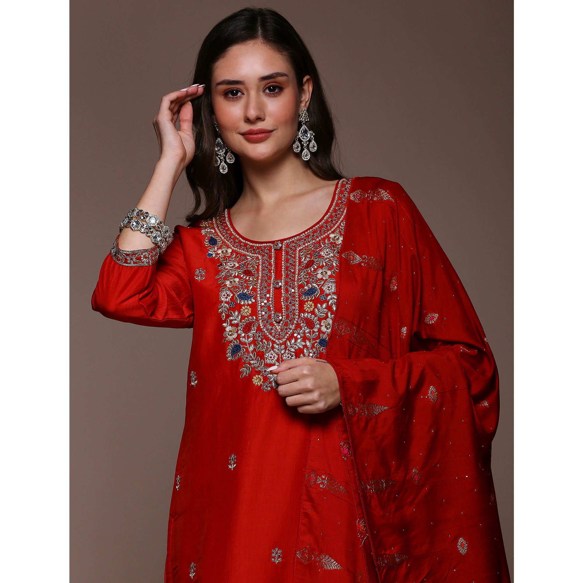 Red Floral Embroidered Cotton Silk Salwar Suit