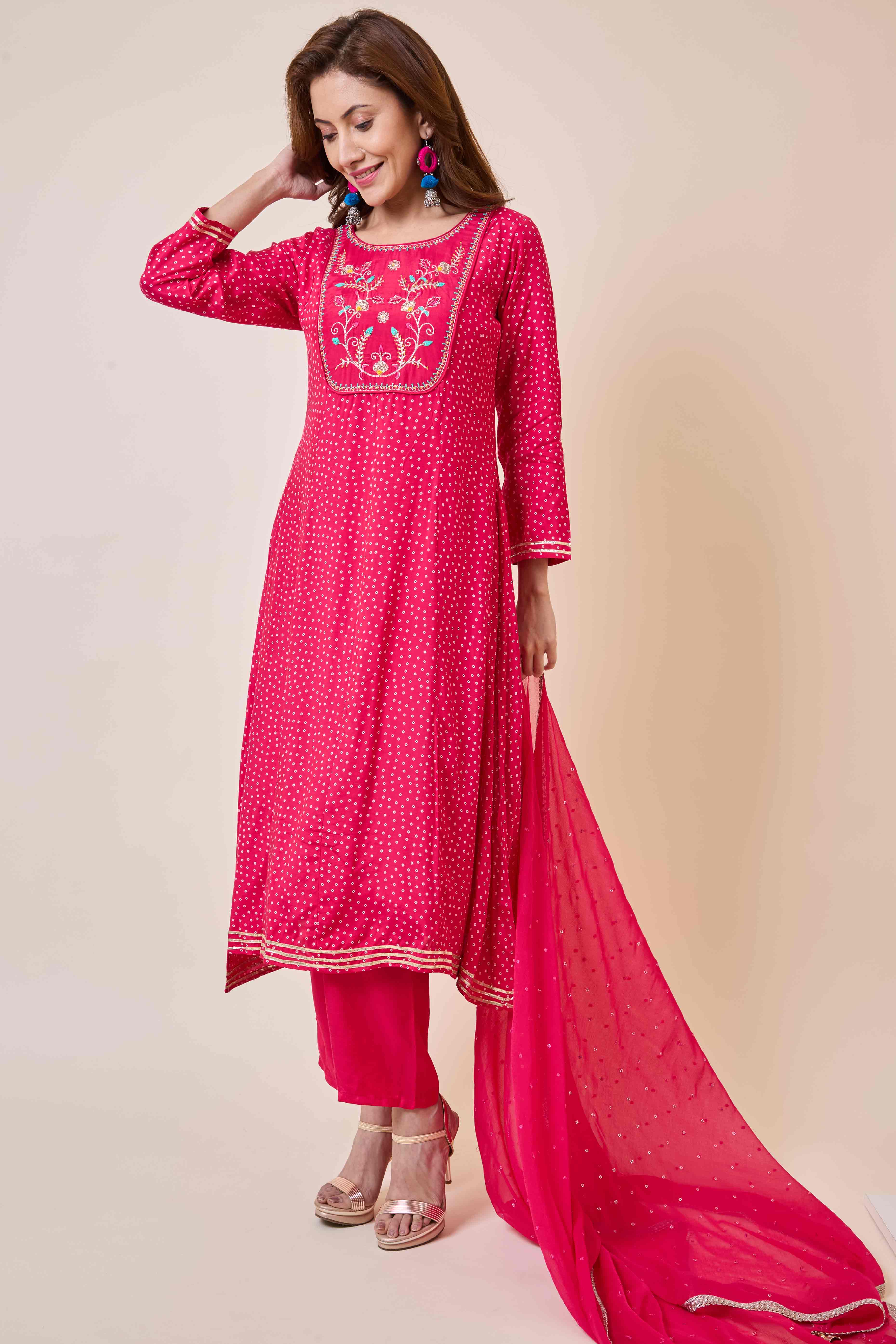 Rani Pink Embroidered Anarkali Style Muslin Salwar Suit