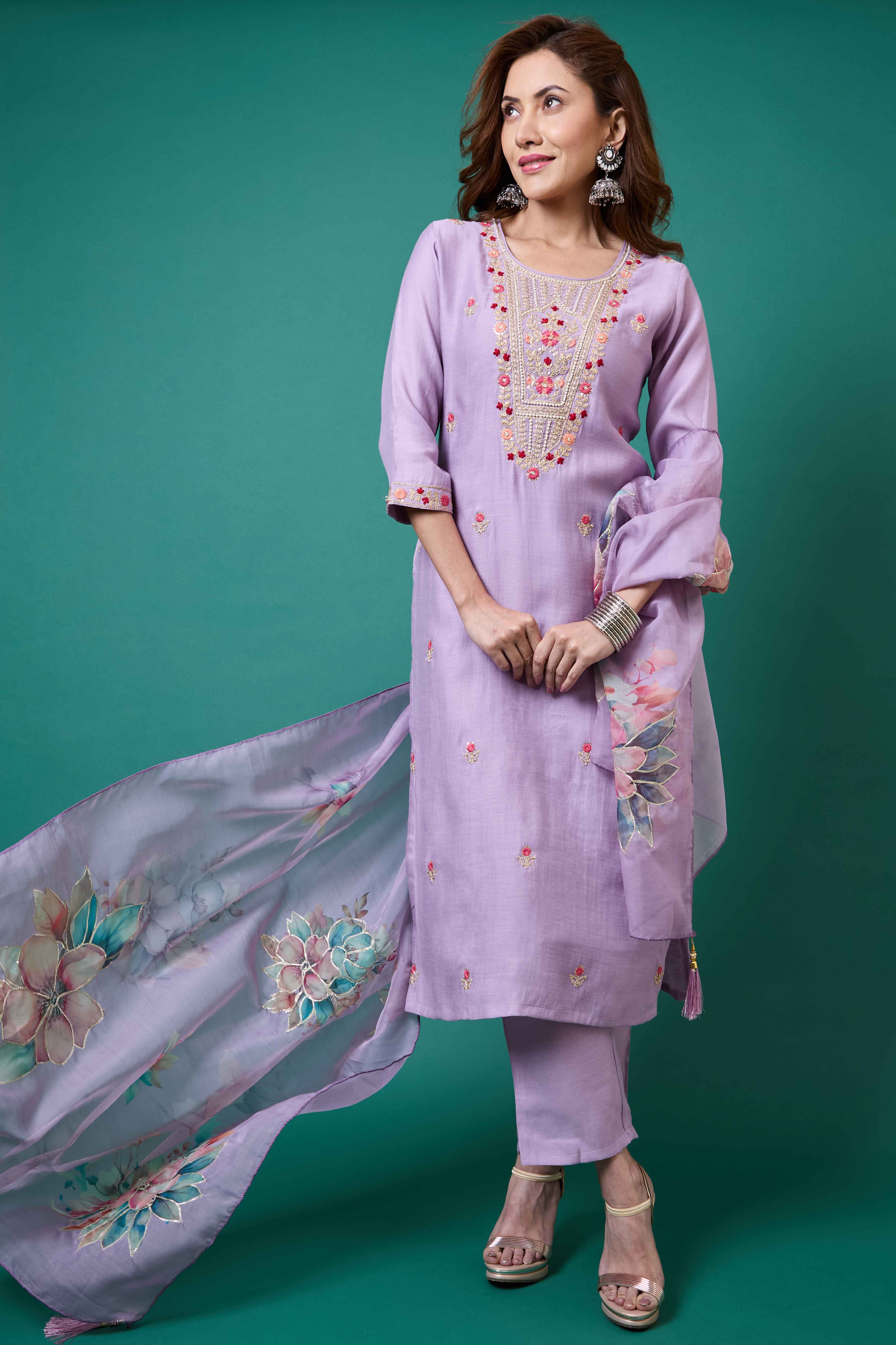 Lavender Handwork Embroidered Viscose Straight Salwar Suit