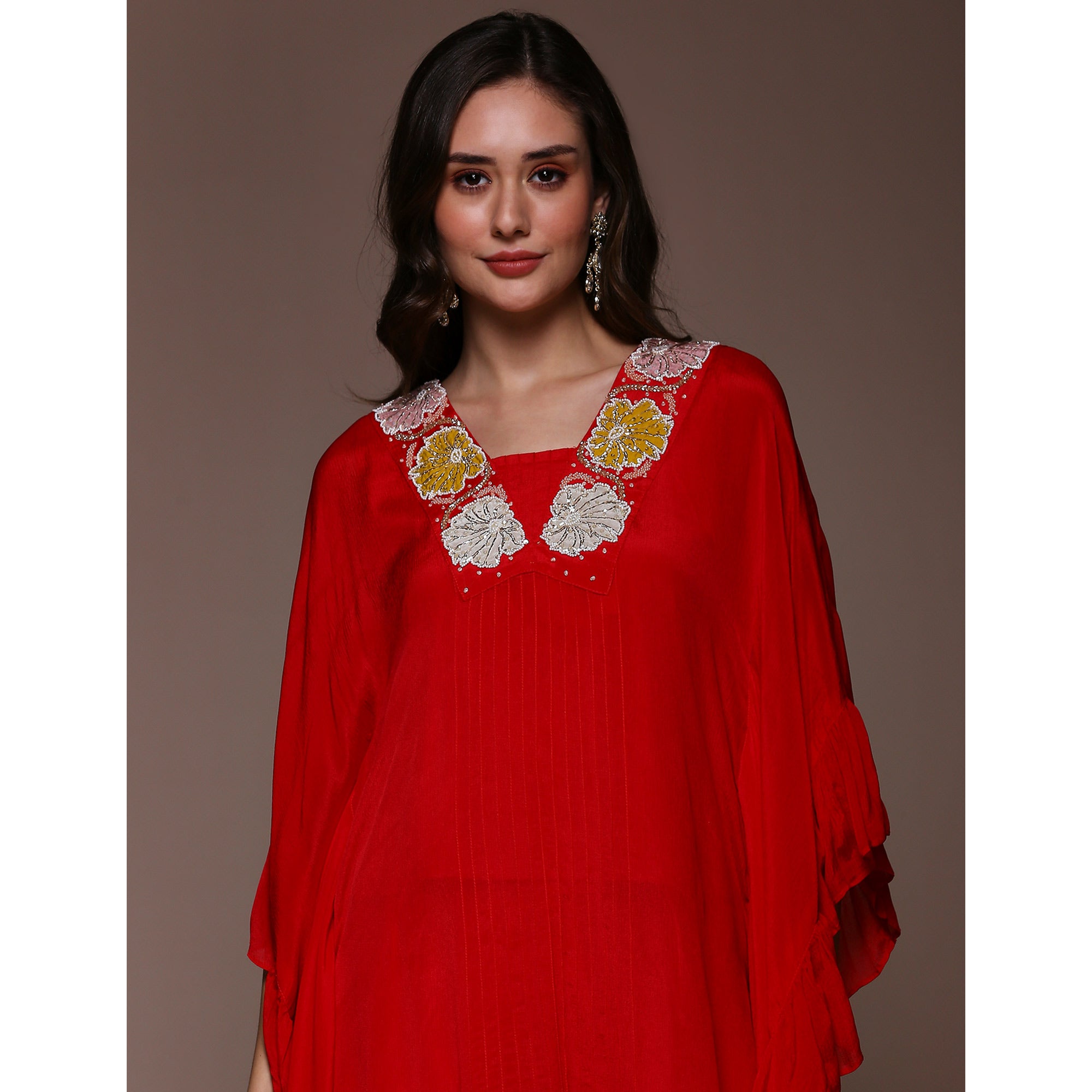 Crimson Red Embroidered Kaftan Style Chinon Co-Ord Set