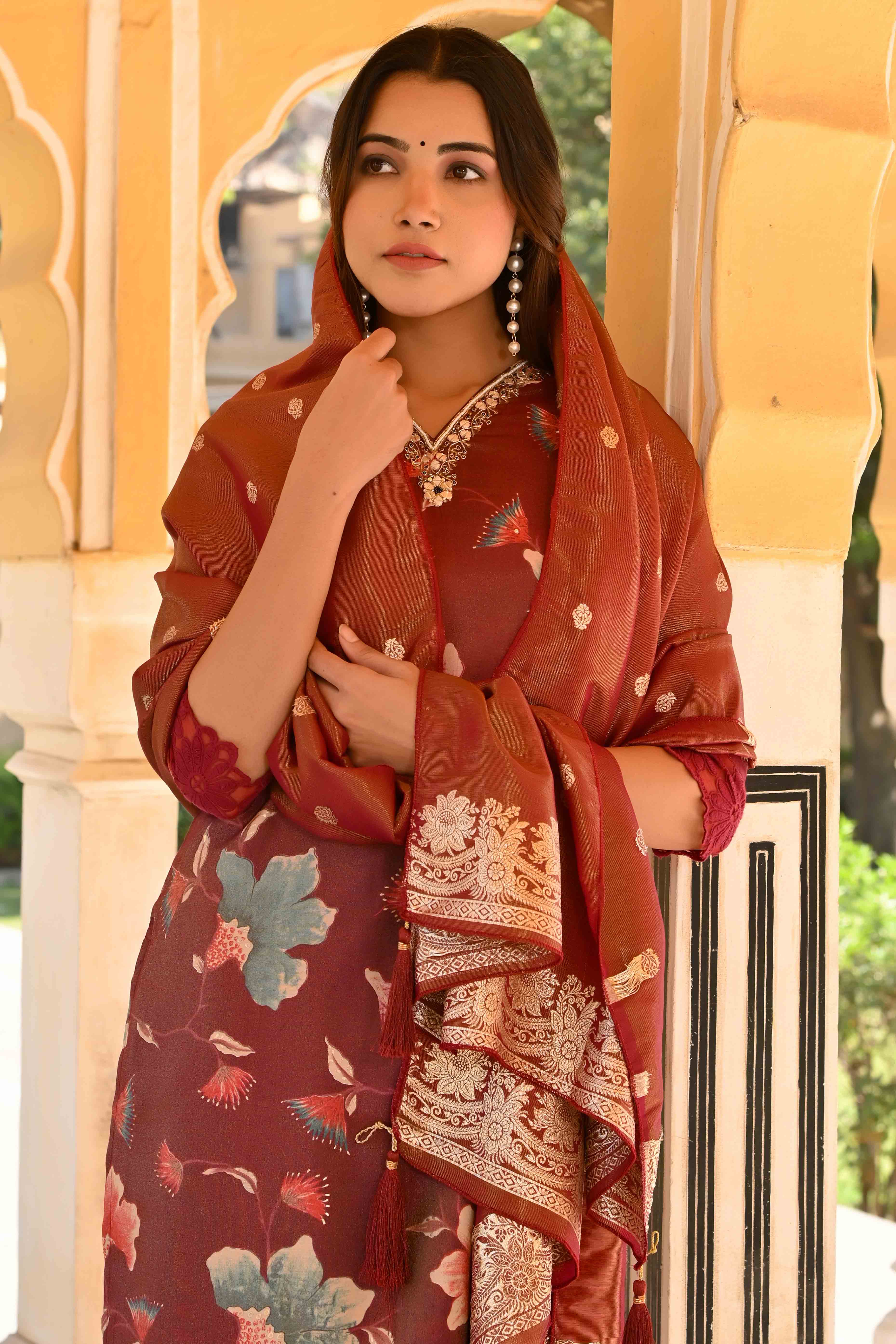 Wine Floral Foil Pinted With Handwork Viscose Salwar Suit