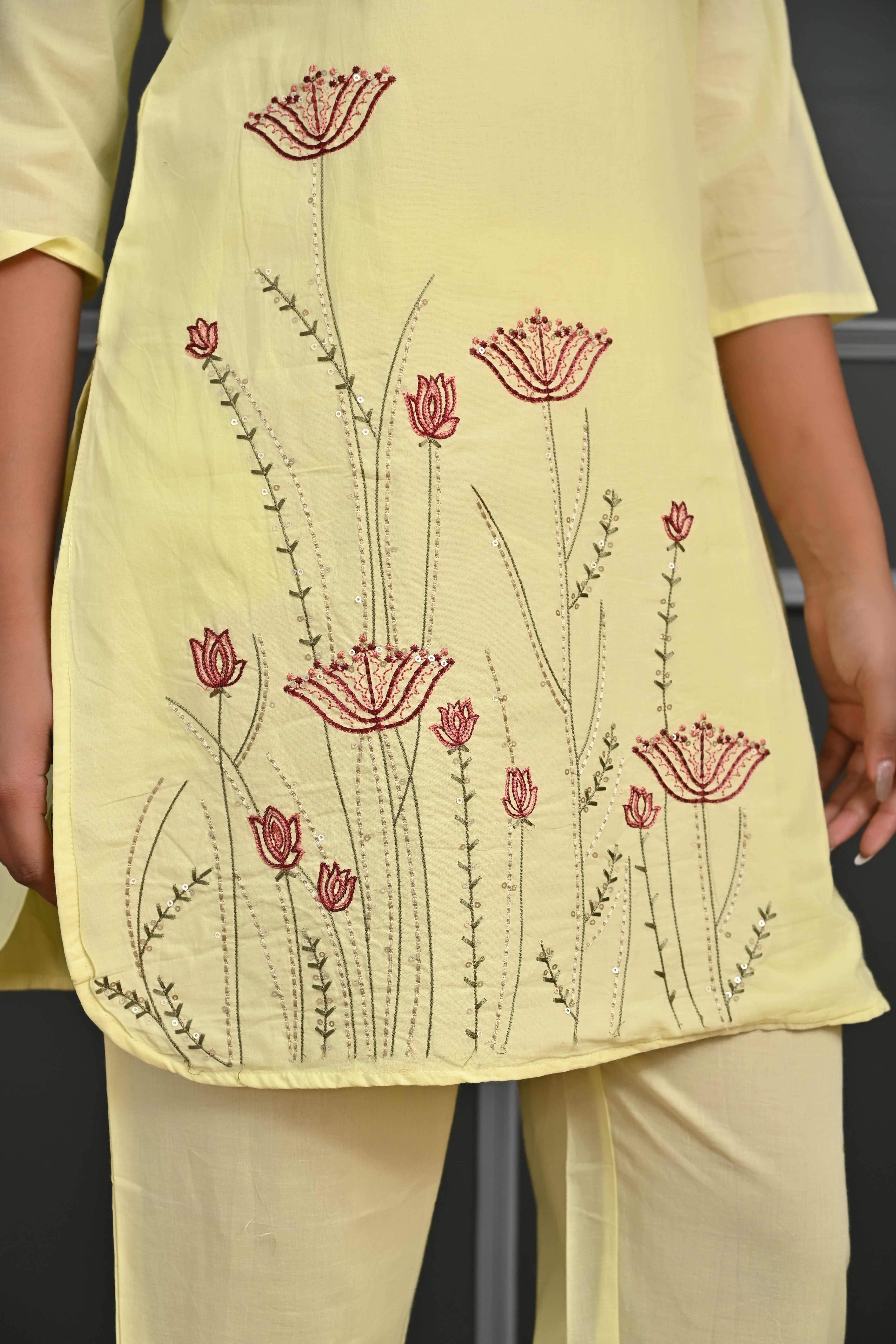 Radiant Yellow Floral Embroidered Co-Ord Set in Breathable Cotton for Stylish Comfort