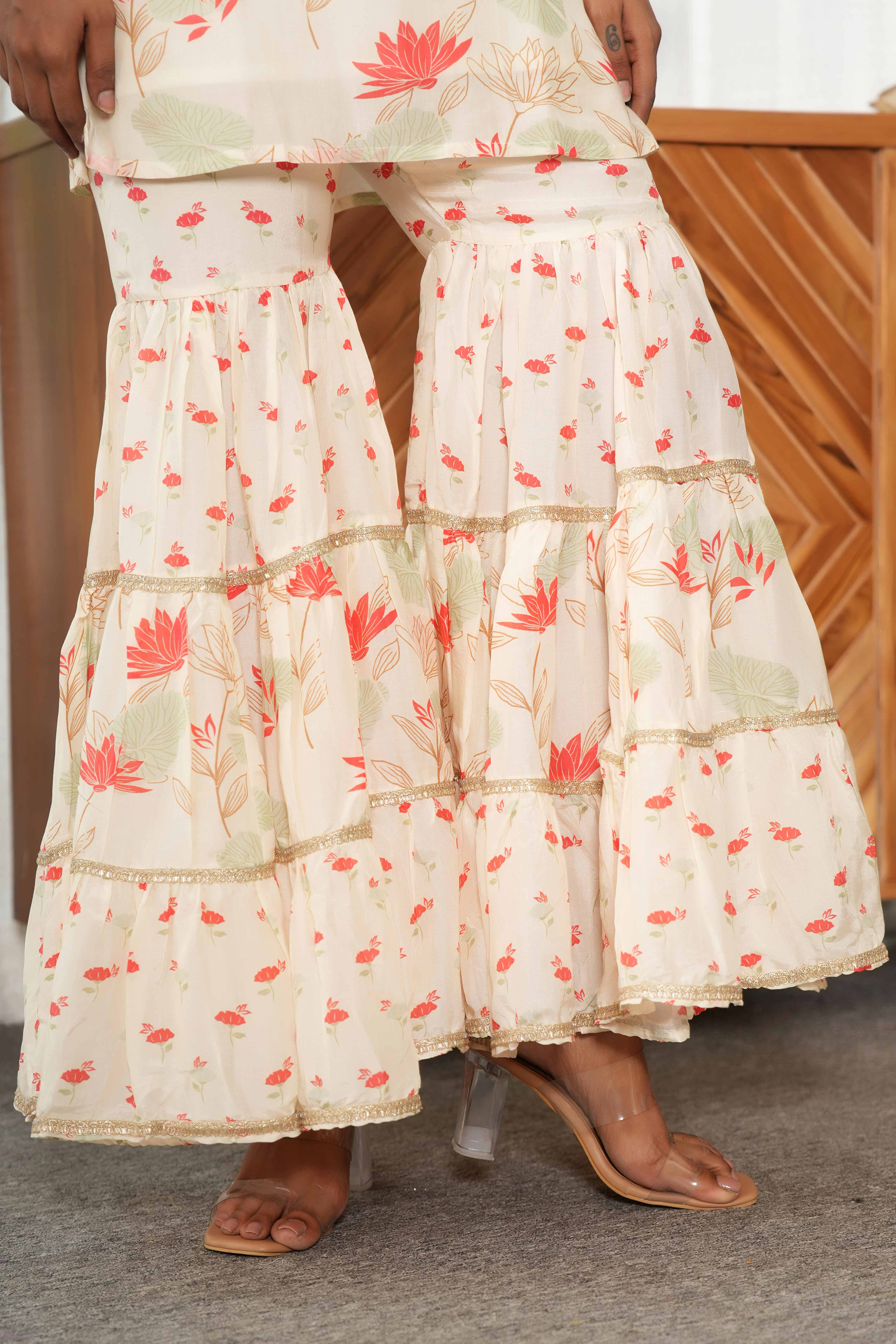 Cream Blossom Printed Florals with Flowy Muslin Sharara Bottom Set