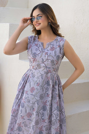 Light Grey Cotton A-Line Dress with Hand Embroidered Florals