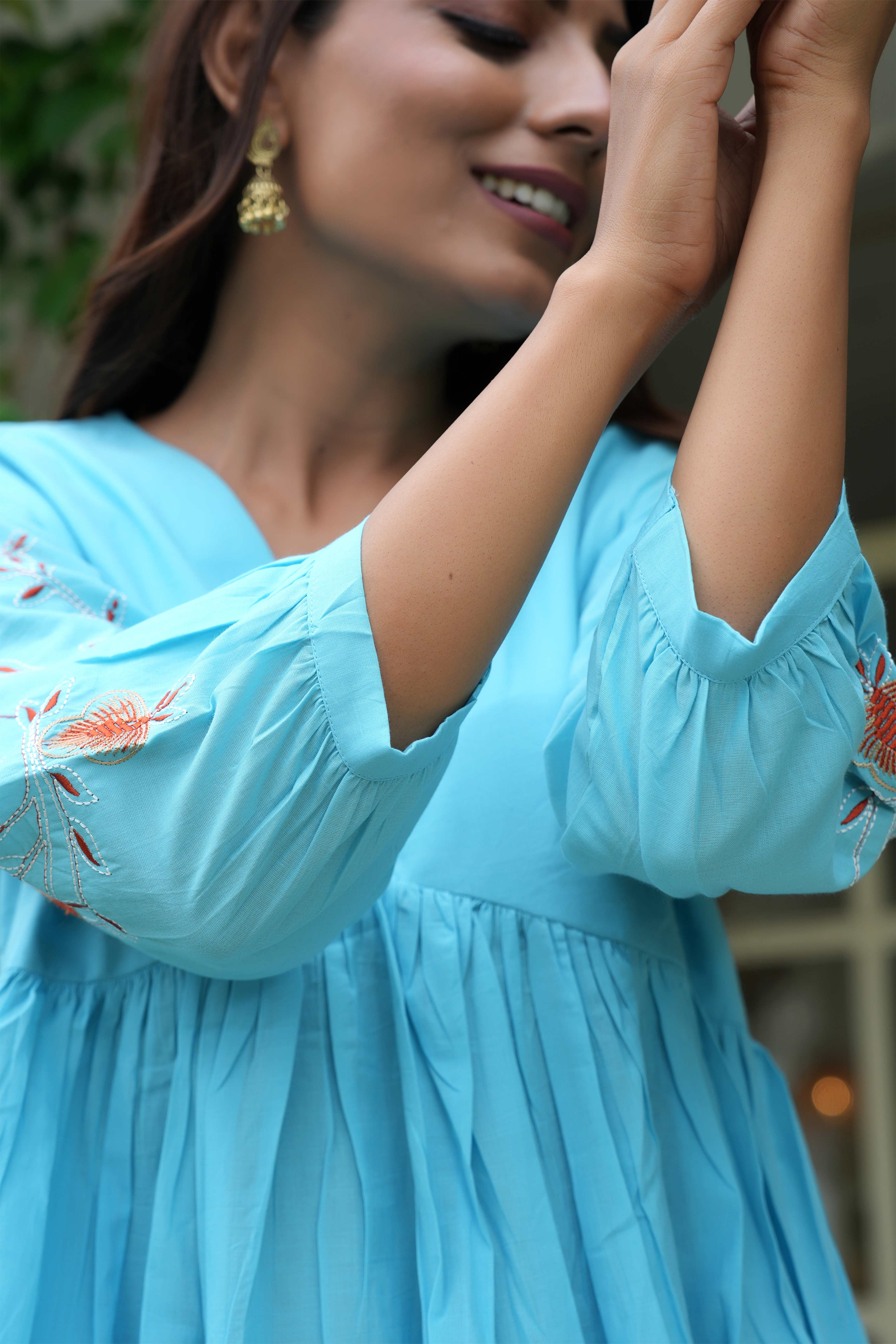 Breezy Sky Blue Pure Cotton Alia Cut Short Top With Intricate Floral Embroidery