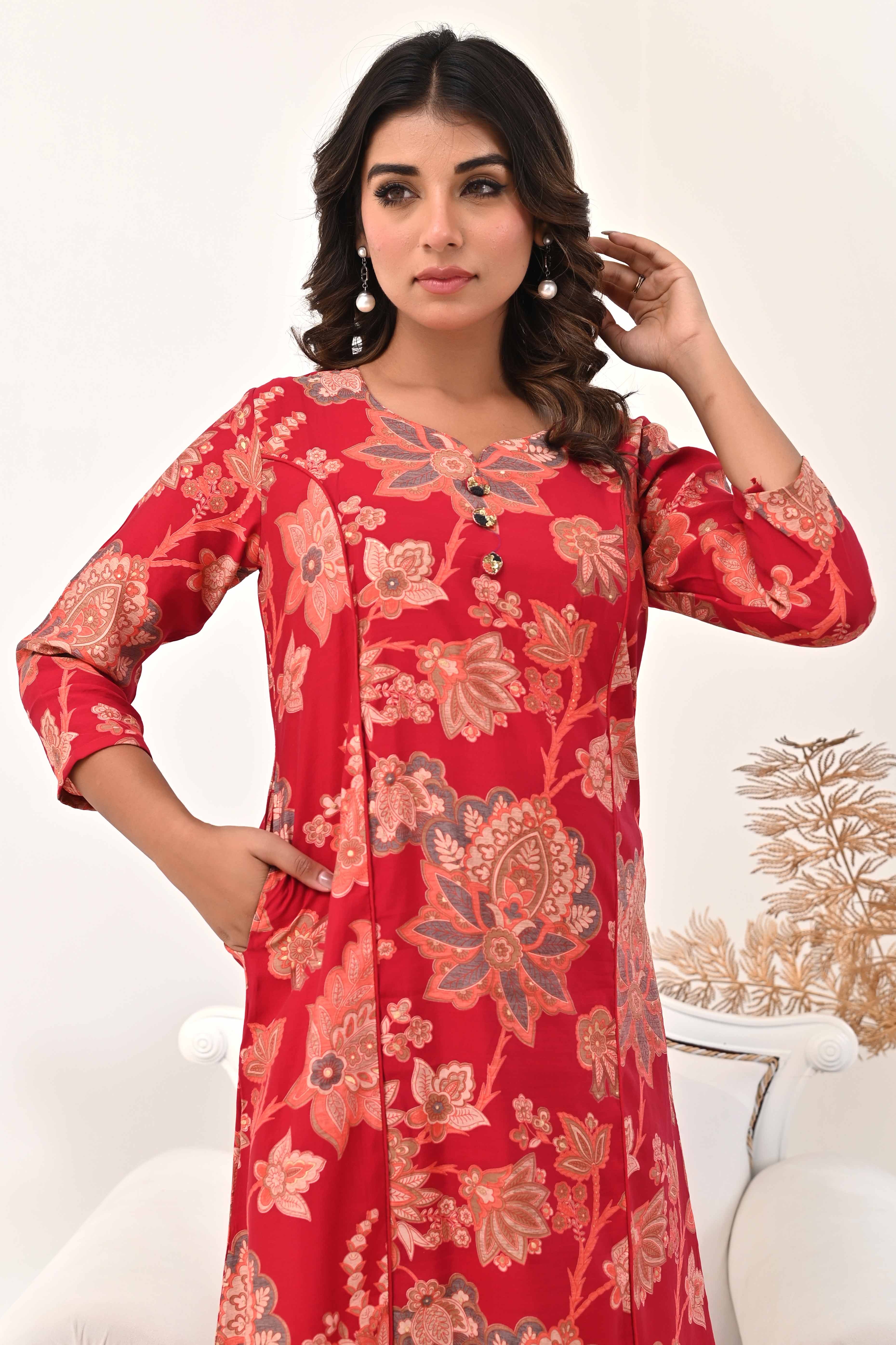 Red Chanderi Silk Kurti Dress with Artistic Floral Prints
