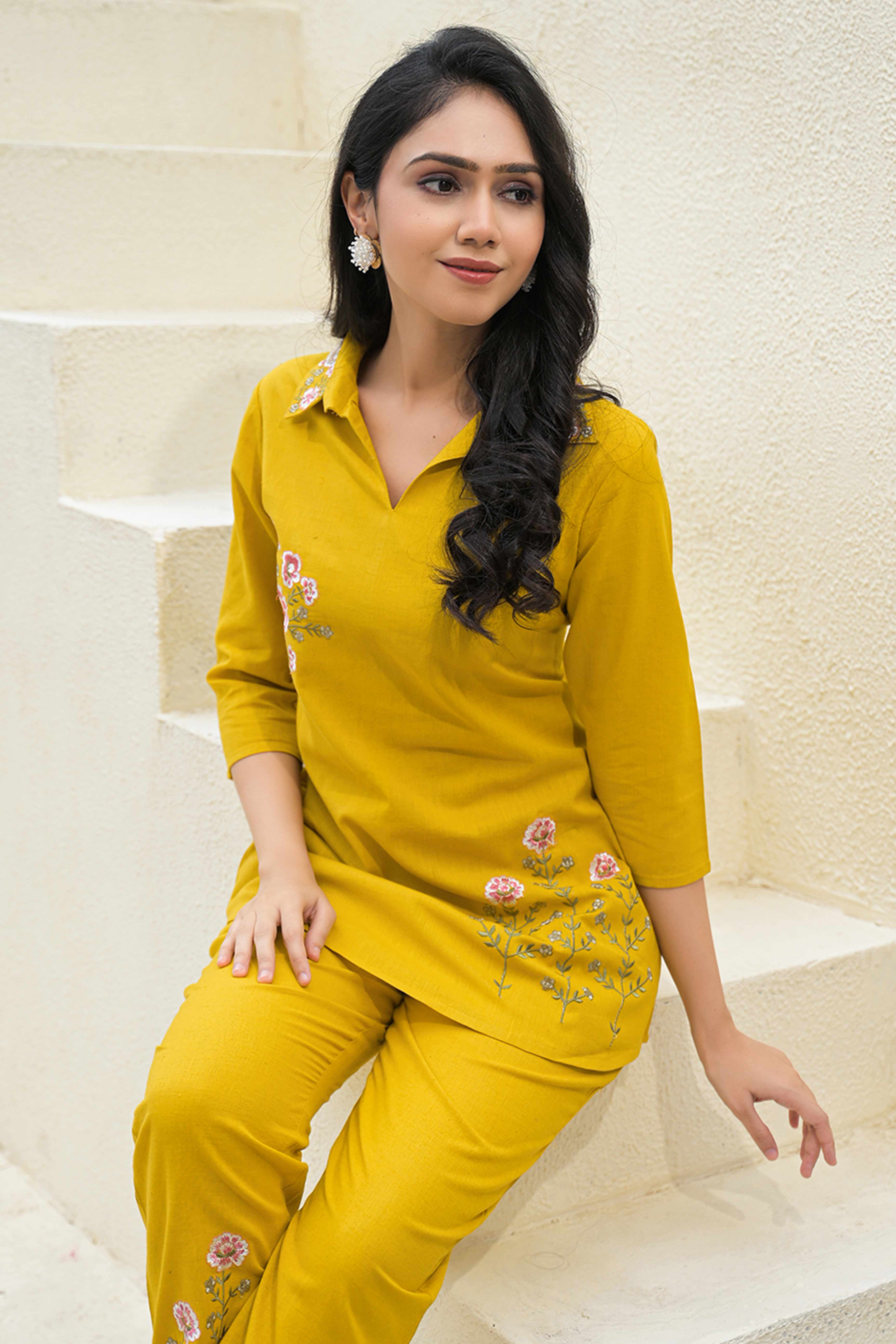 Chic Mustard Pure Cotton Co-Ord Set with Collar Neck and Delicate Floral Embroidery