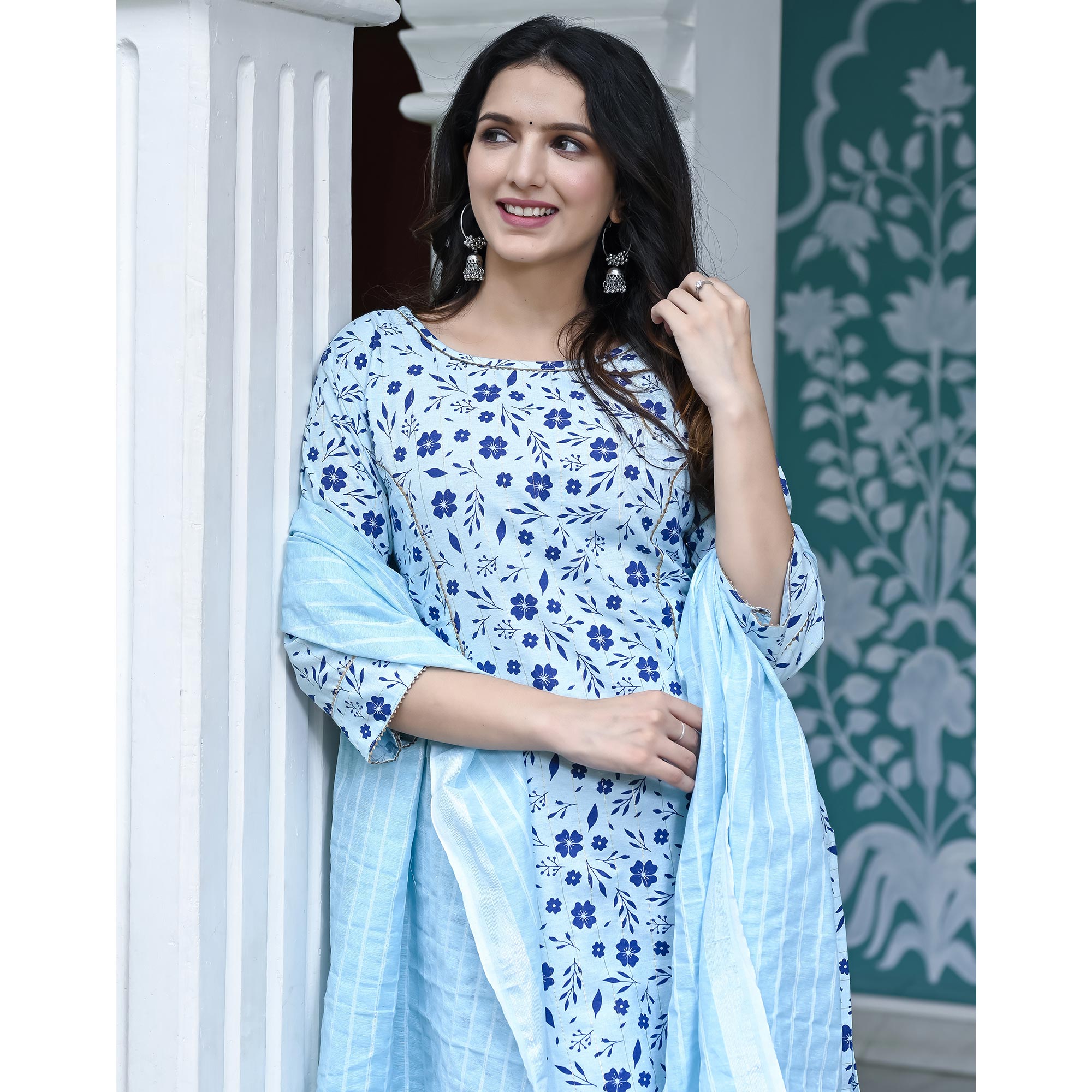 Light Blue Floral Printed Pure Cotton Suit