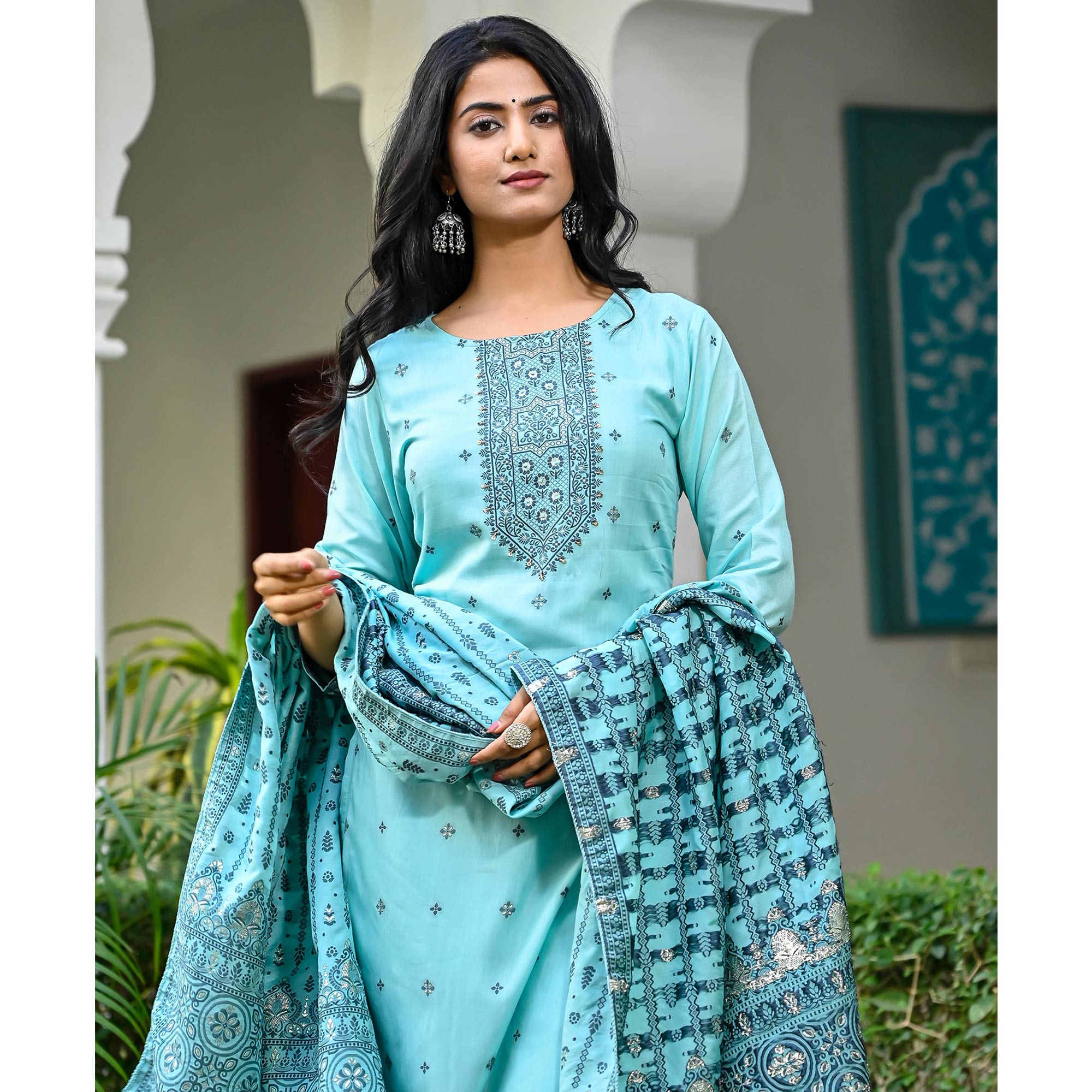 Turquoise Floral Woven Viscose Salwar Suit