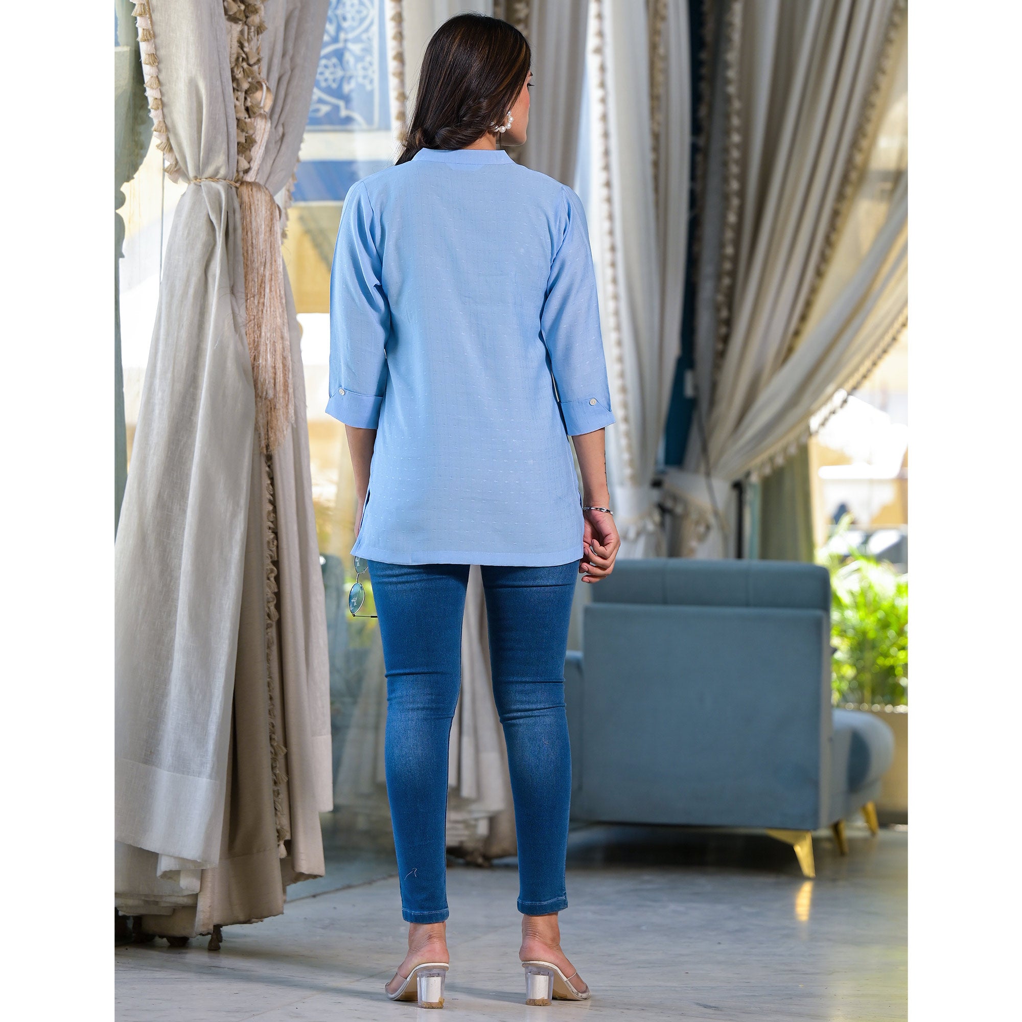 Sky Blue Solid Cotton Silk Straight Top