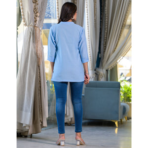 Sky Blue Solid Cotton Silk Straight Top