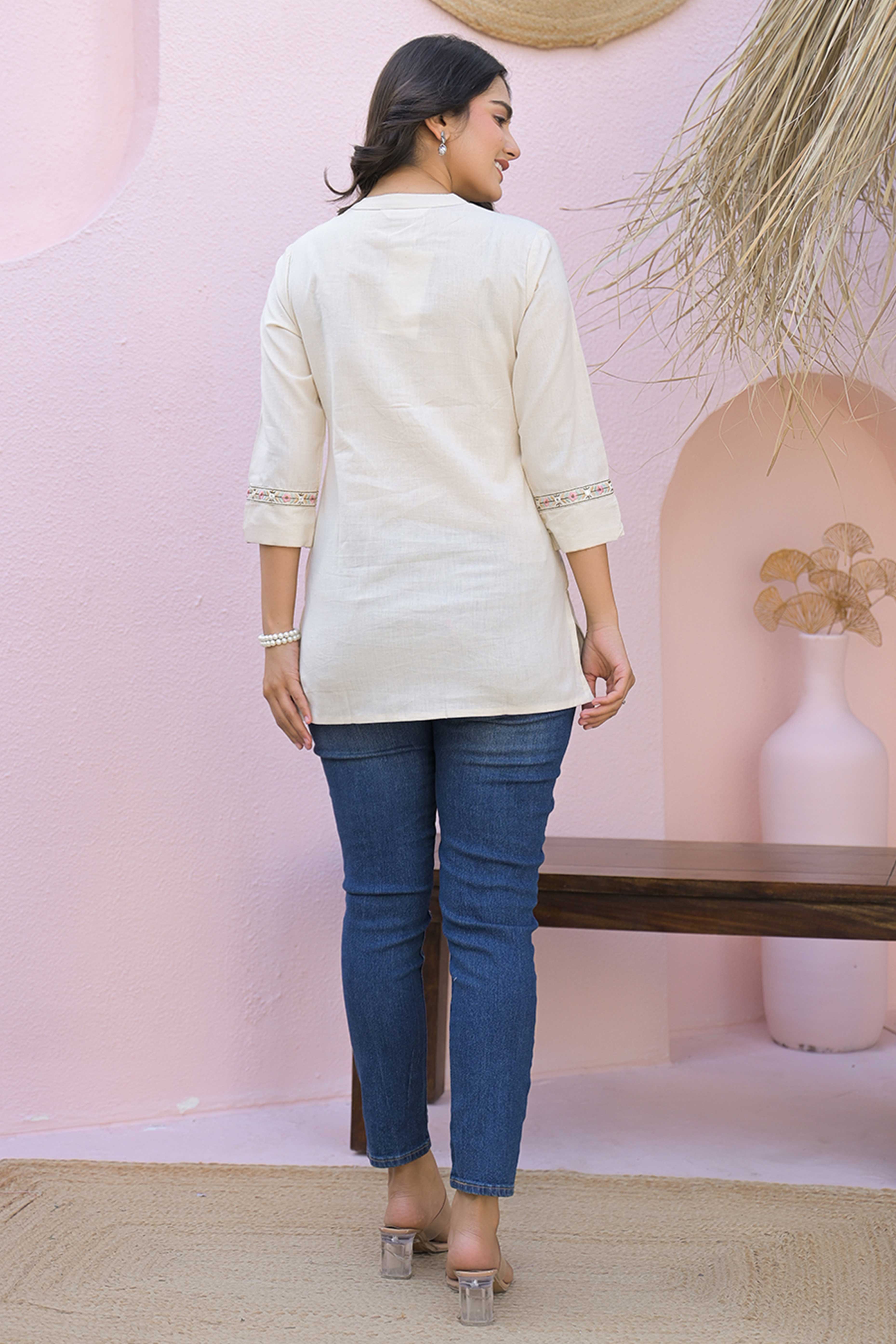 Cream Pure Cotton Straight Top with Elegant Floral Embroidery