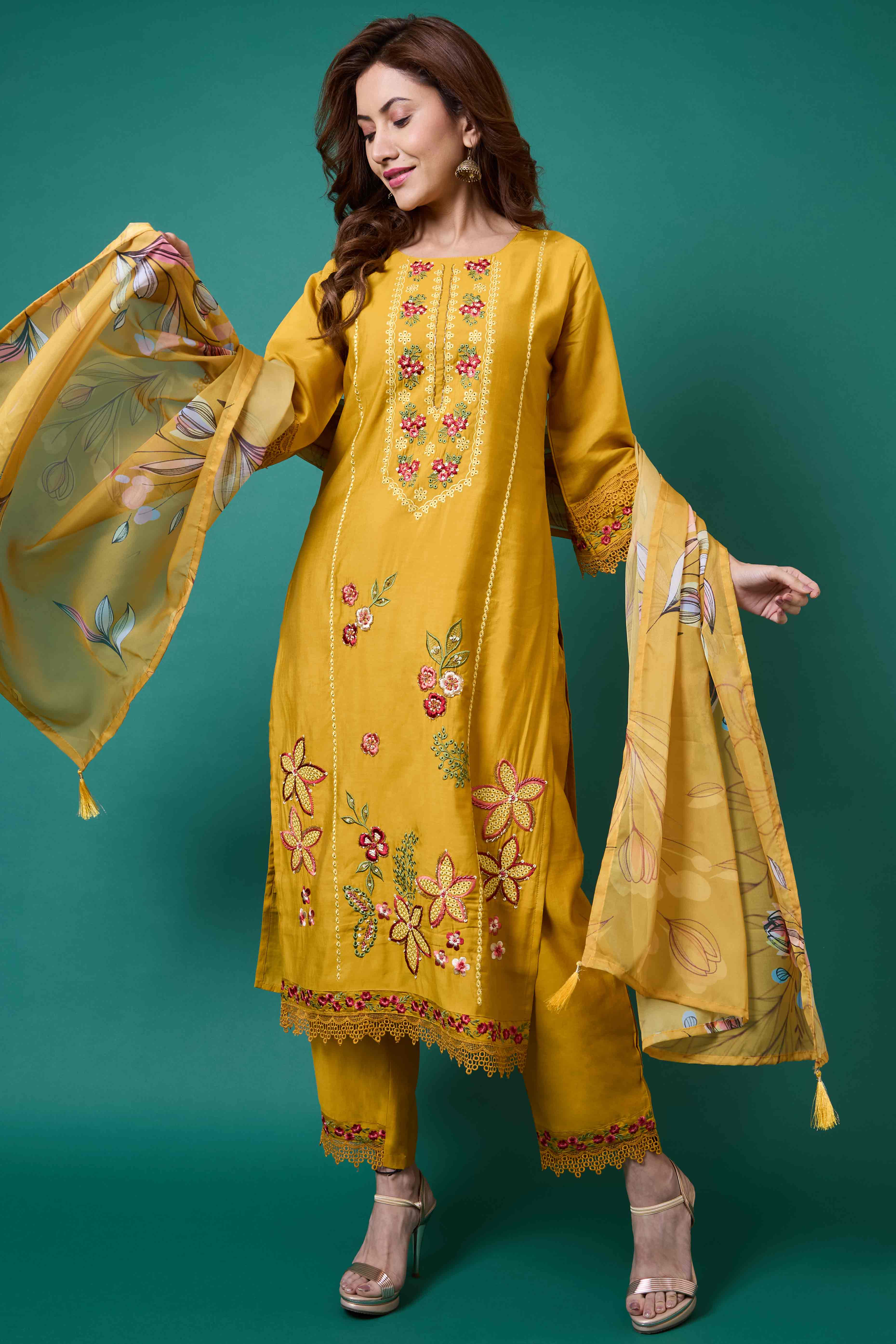 Mustard Floral Embroidered Chanderi Silk Salwar Suit