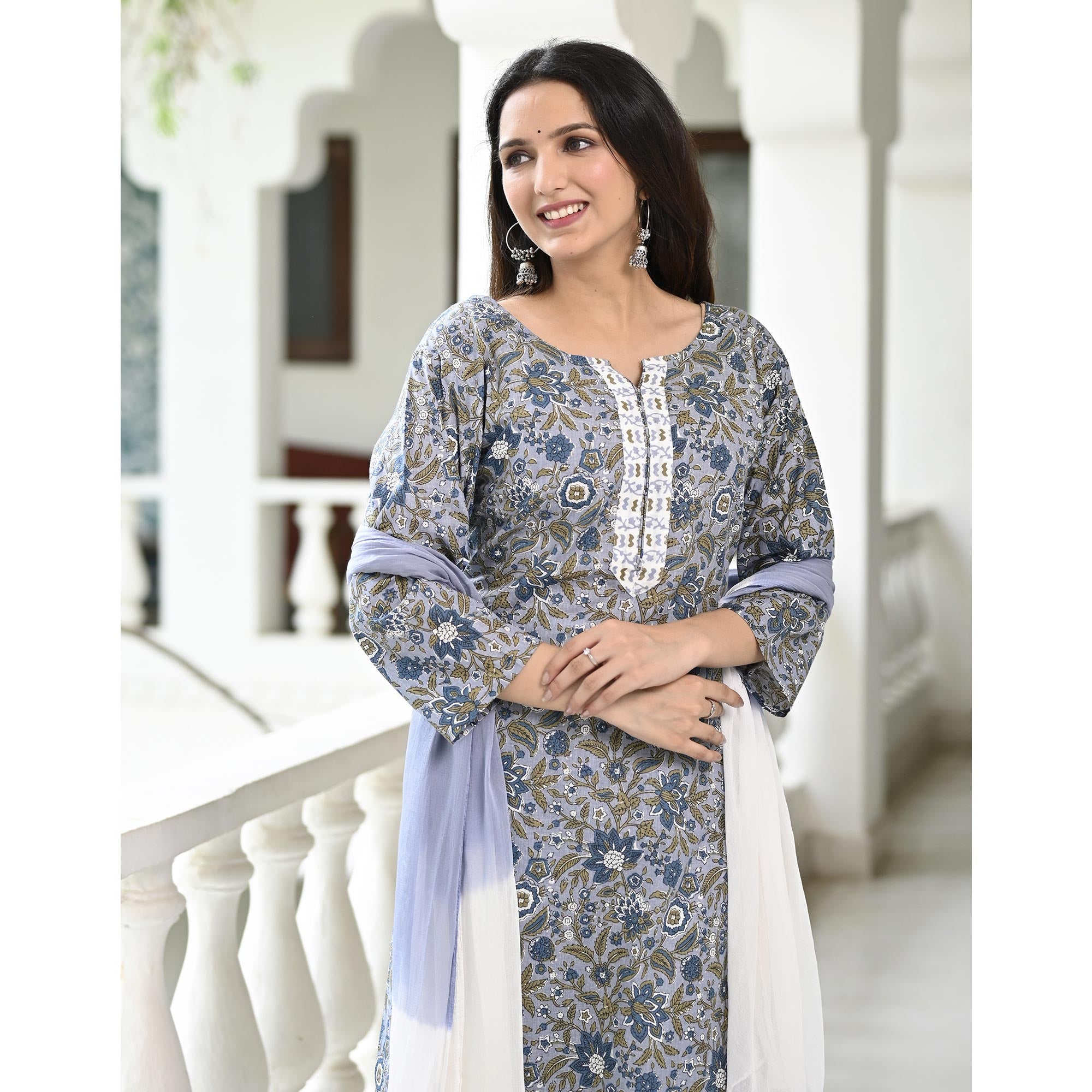 Blue Floral Printed Pure Cotton Suit