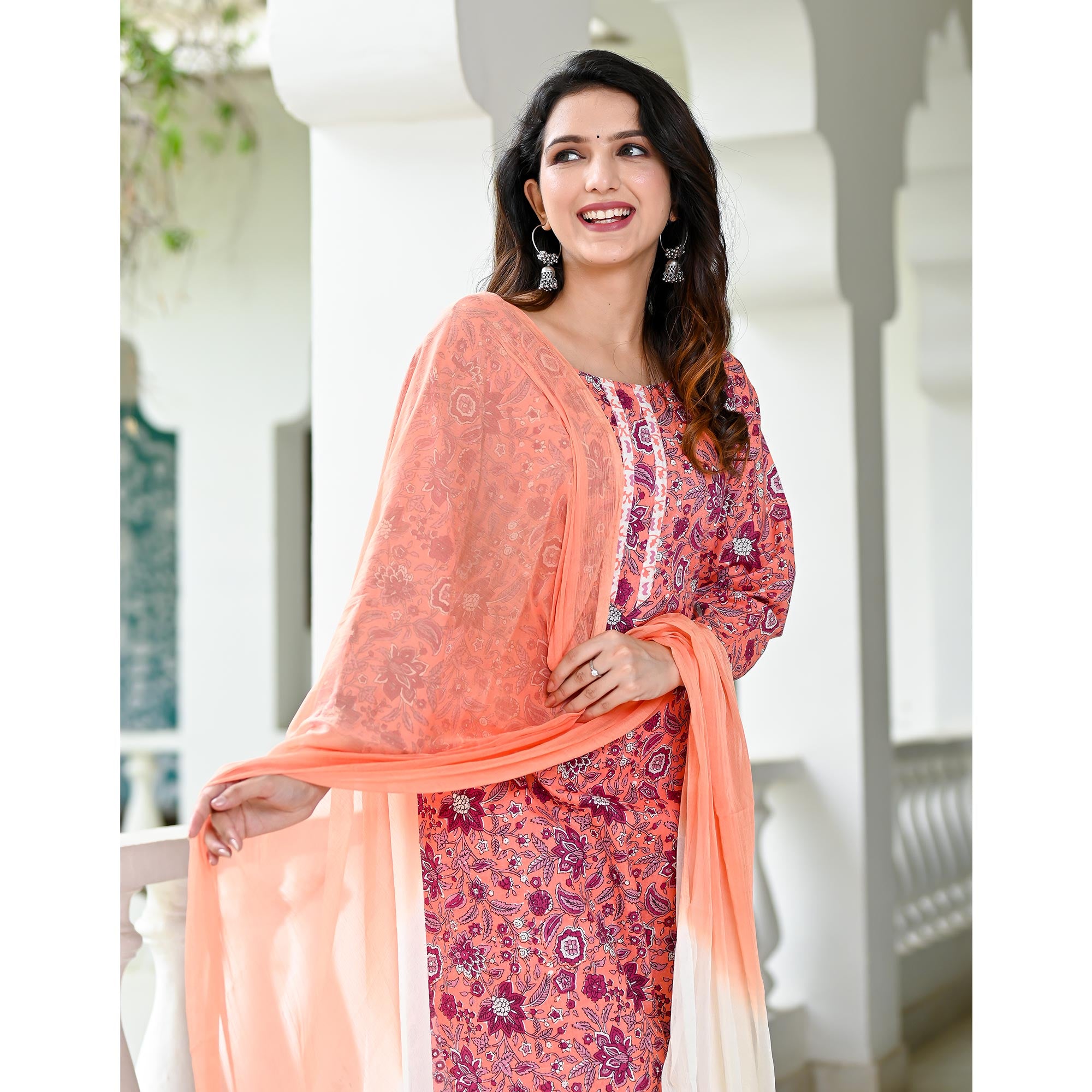 Peach Floral Printed Pure Cotton Suit