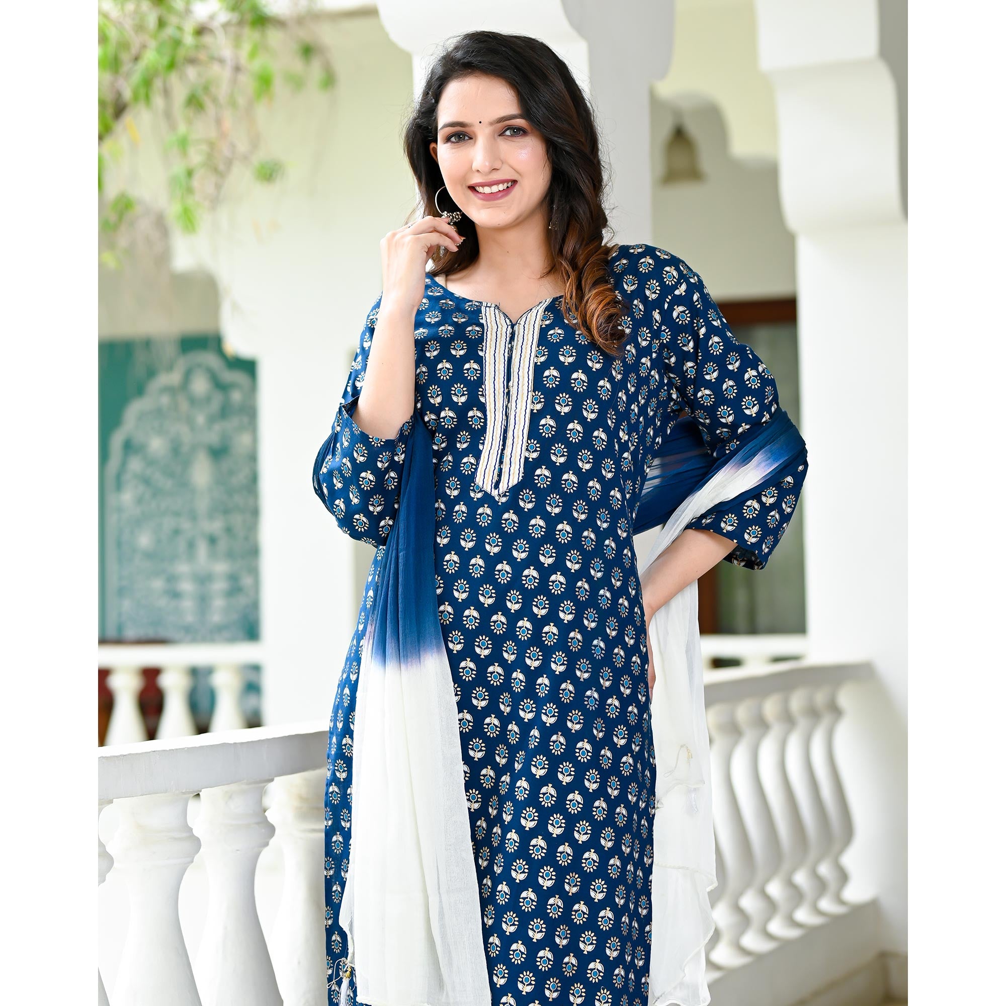 Blue Floral Foil Printed Pure Cotton Suit