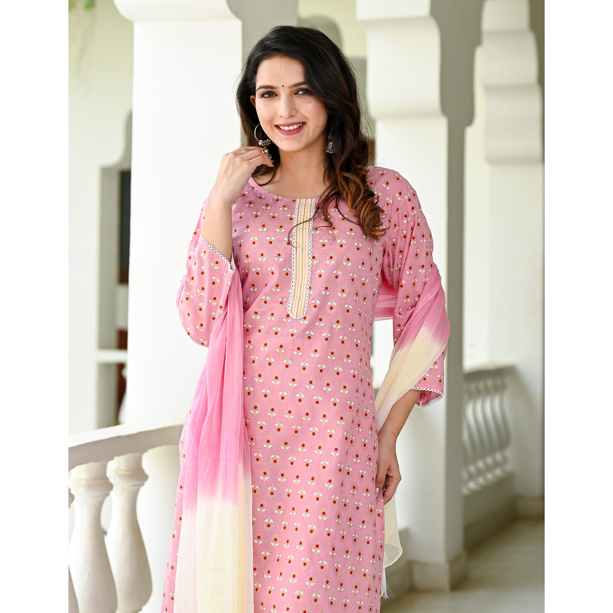 Pink Floral Foil Printed Pure Cotton Suit