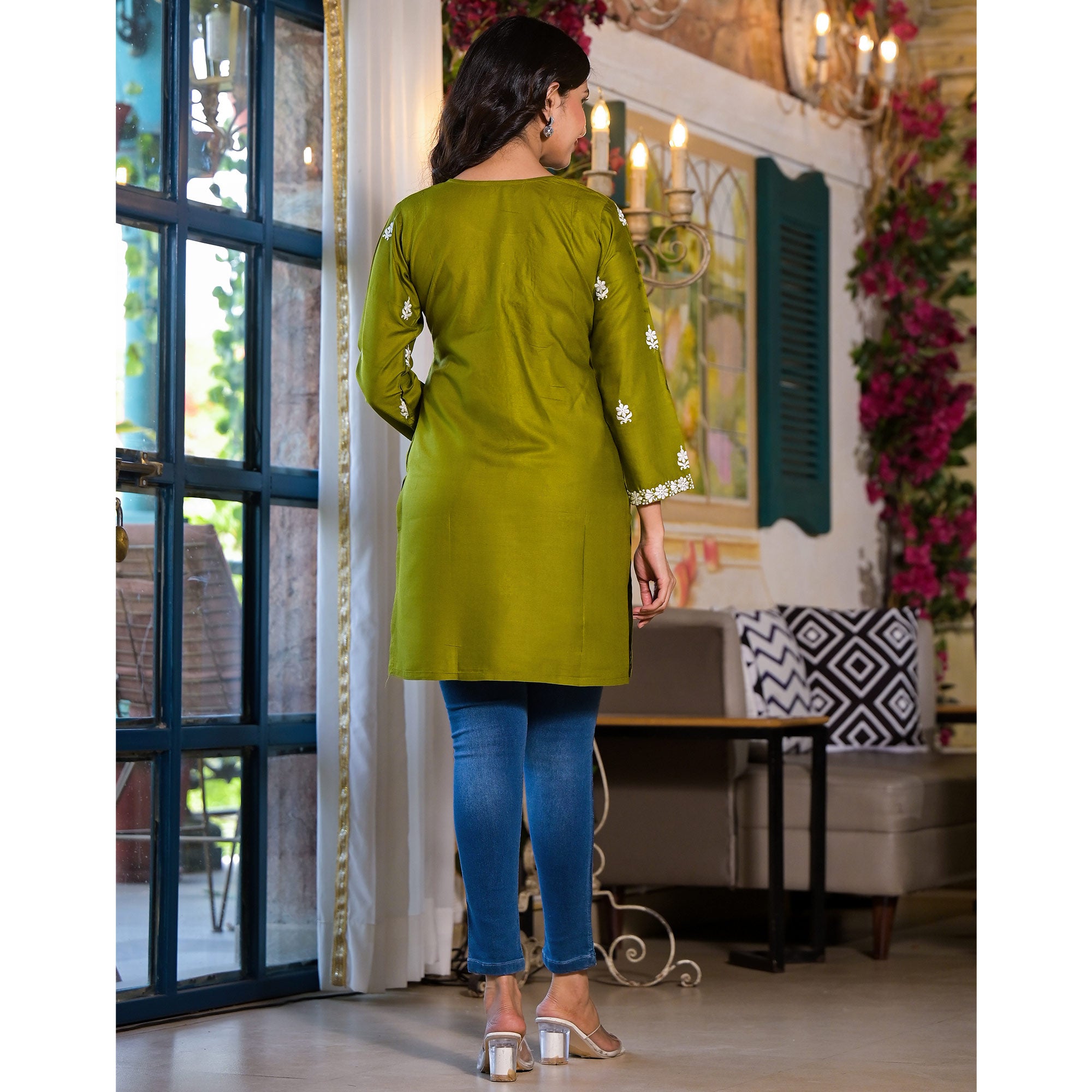 Green Embroidered Rayon Straight Top