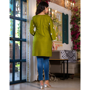Green Embroidered Rayon Straight Top
