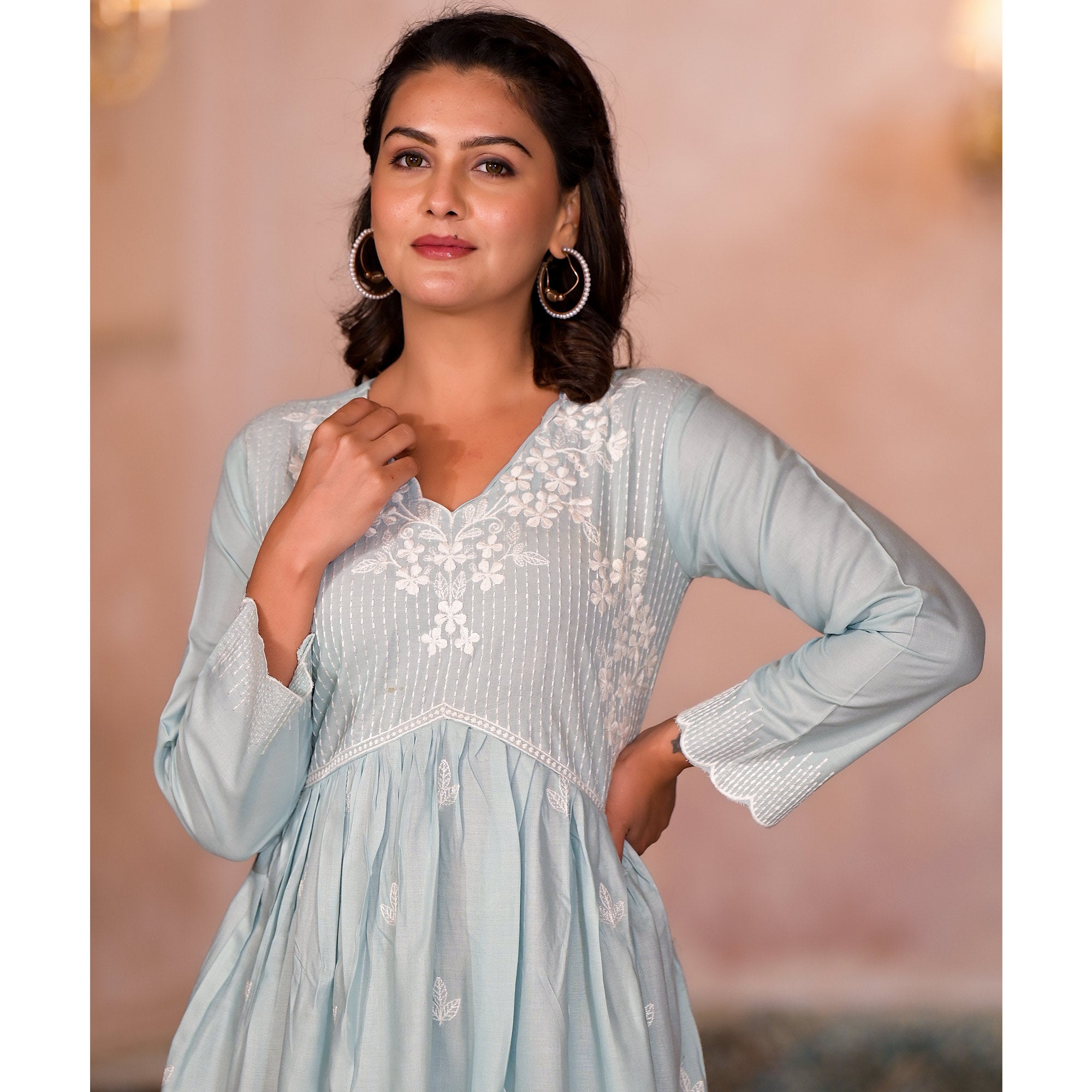 Light Turquoise Embroidered Rayon A-Line Dress