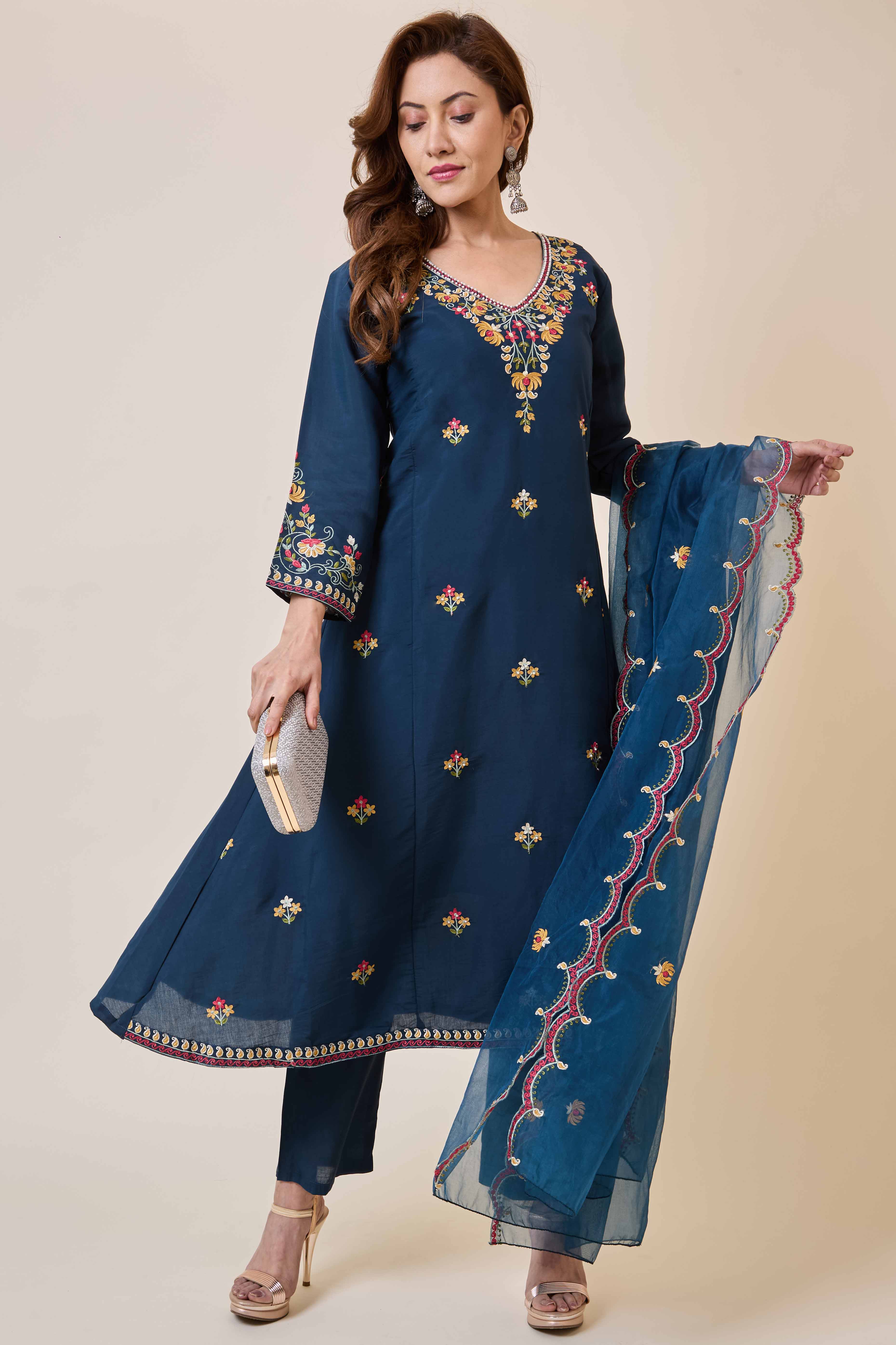 Prussian Blue Floral Hand Work Embroidered Chanderi Salwar Suit