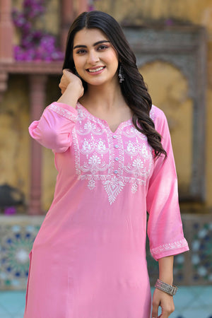 Pink Floral Embroidered Viscose Rayon Straight Top Bottom Set