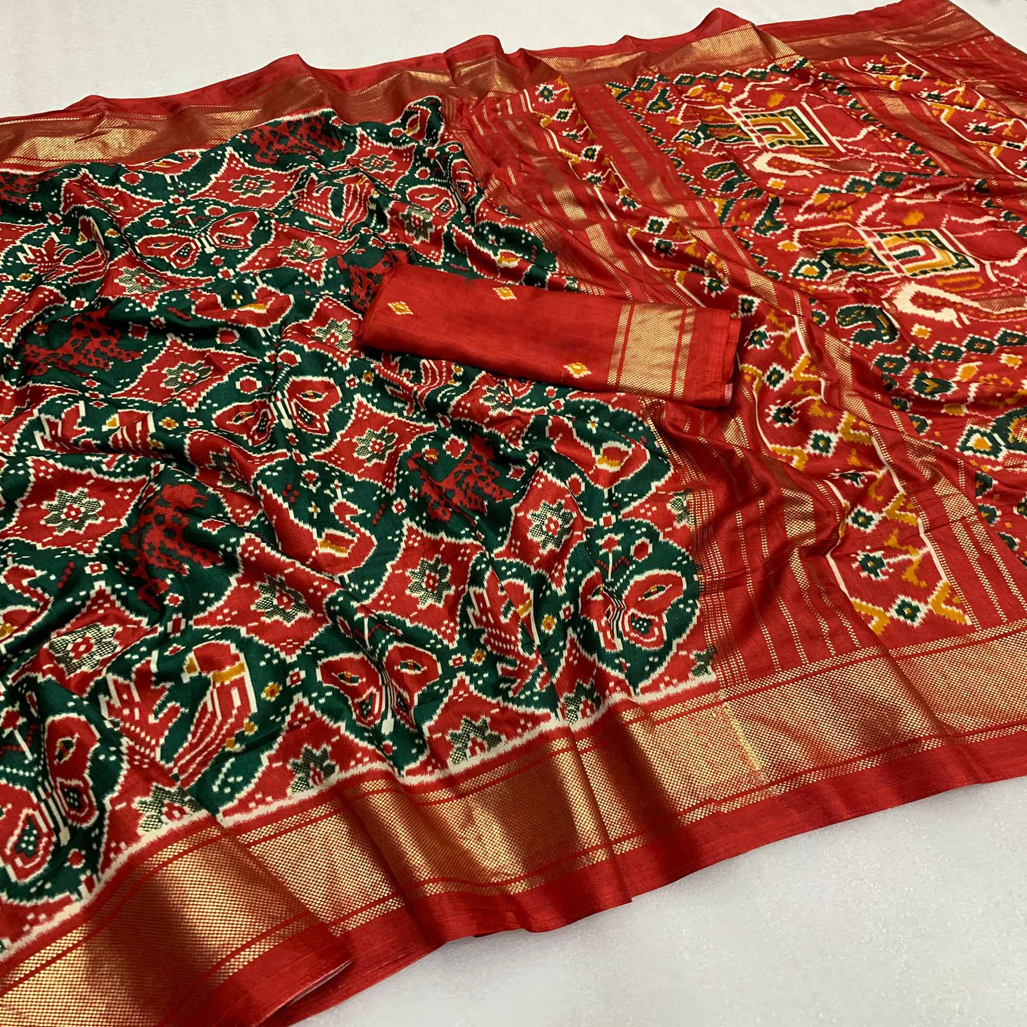 Green & Red Patola Printed Viscose Saree With Zari Border