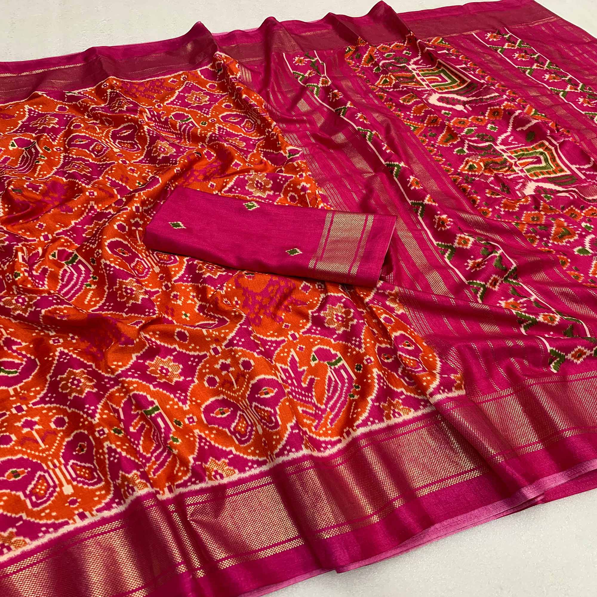 Pink & Orange Patola Printed Viscose Saree With Zari Border