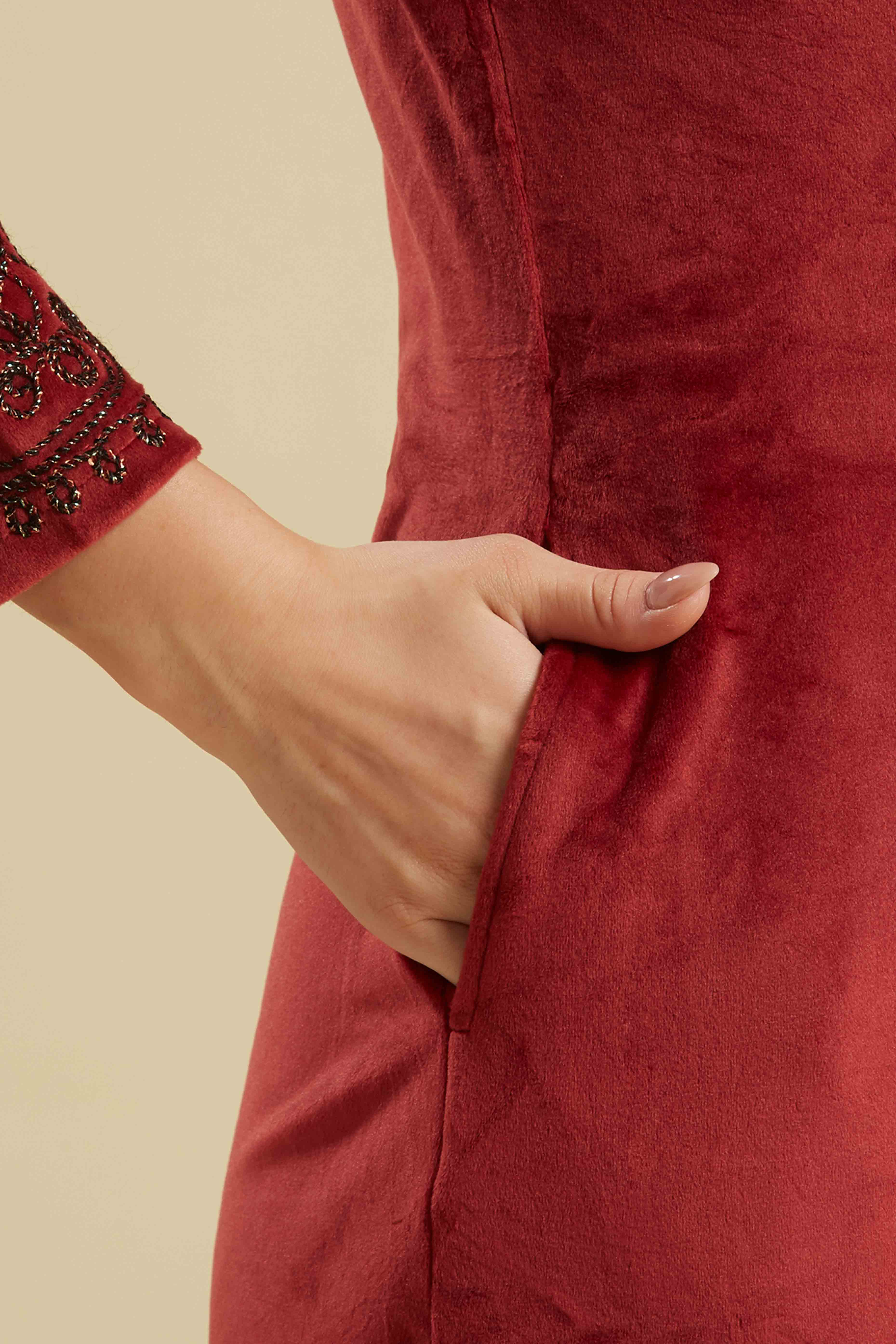 Wine Embroidered Velvet Straight Salwar Suit