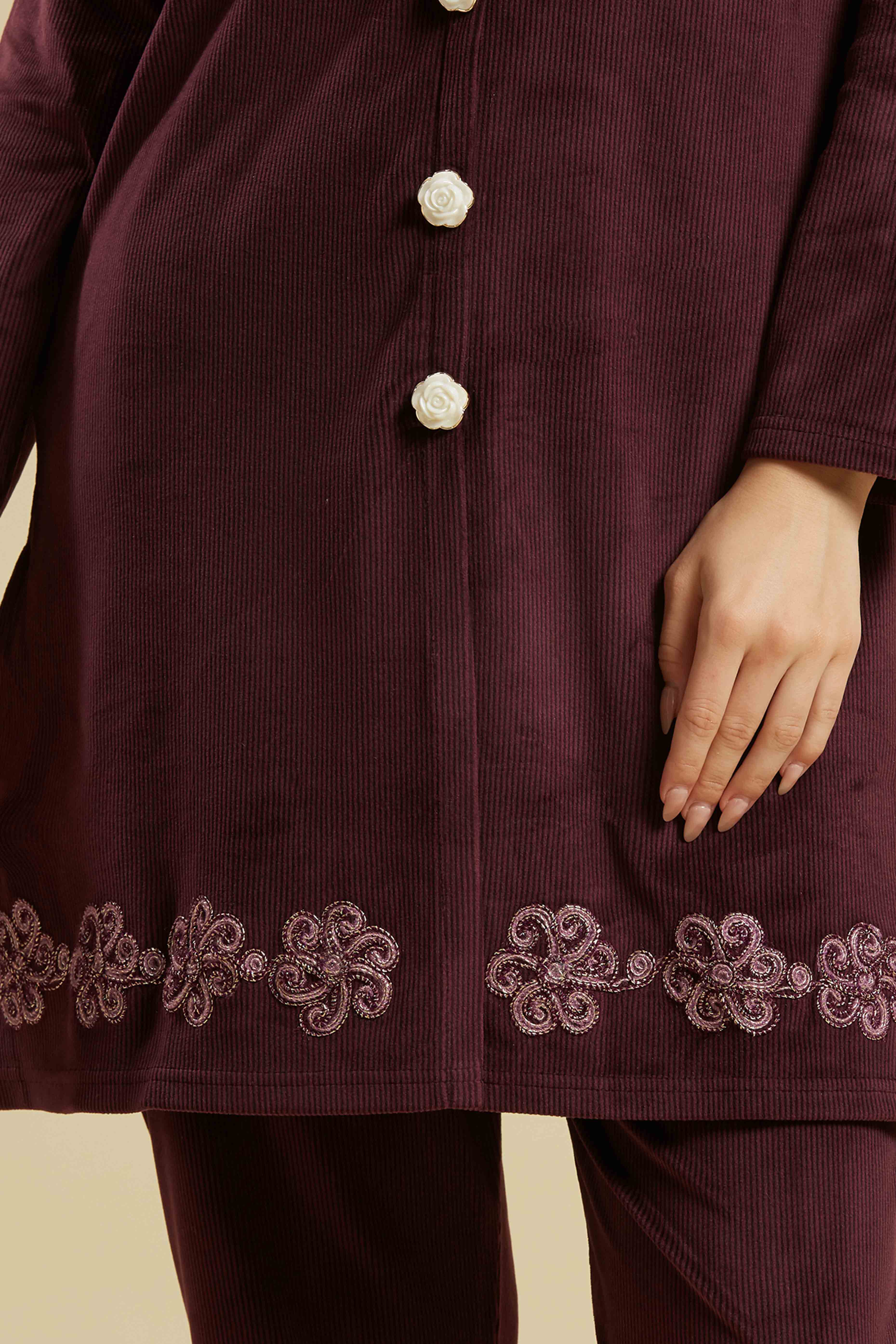 Wine Embroidered Velvet A-Line Top Bottom Set