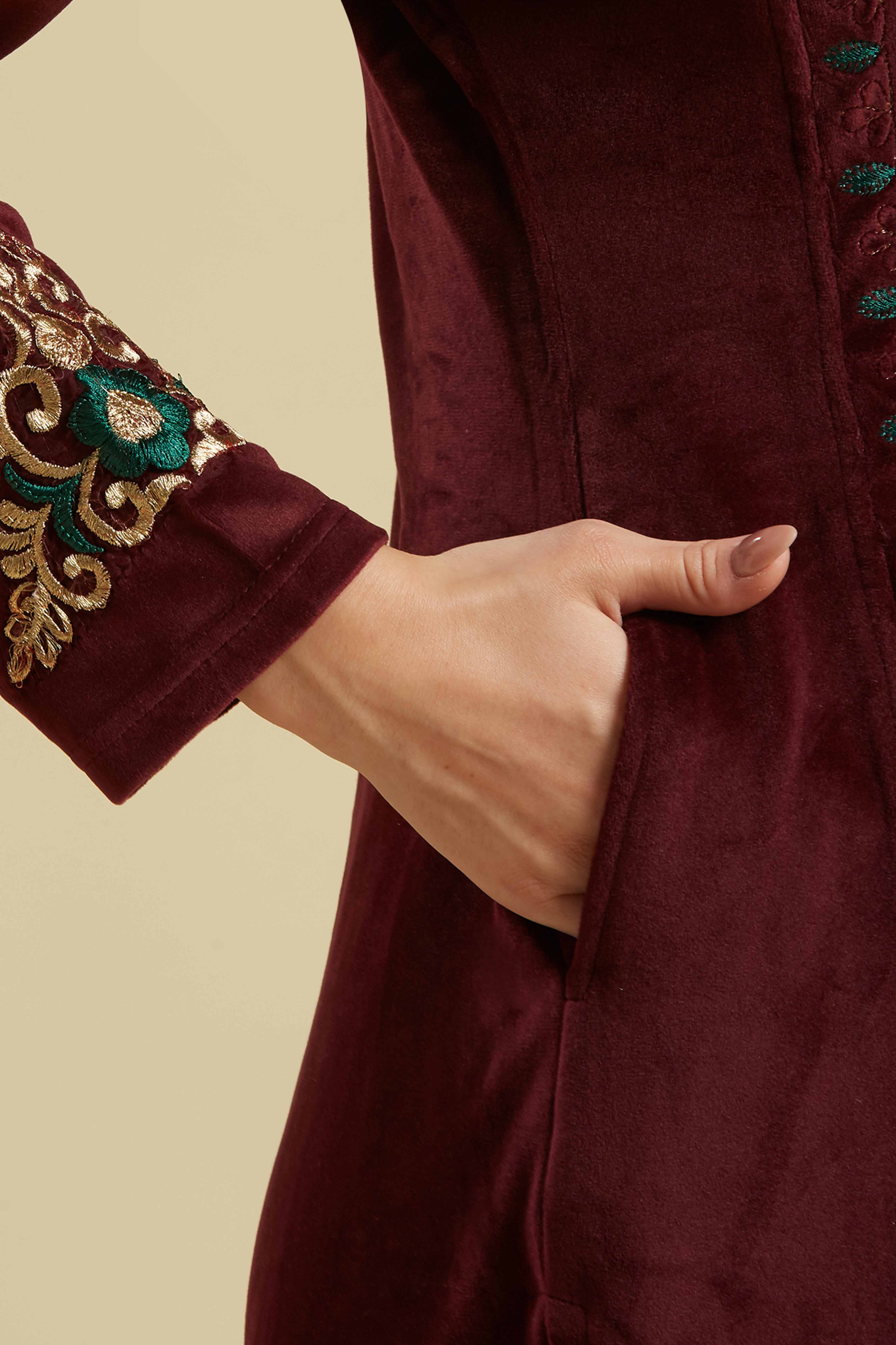 Wine Embroidered Velvet Straight Salwar Suit