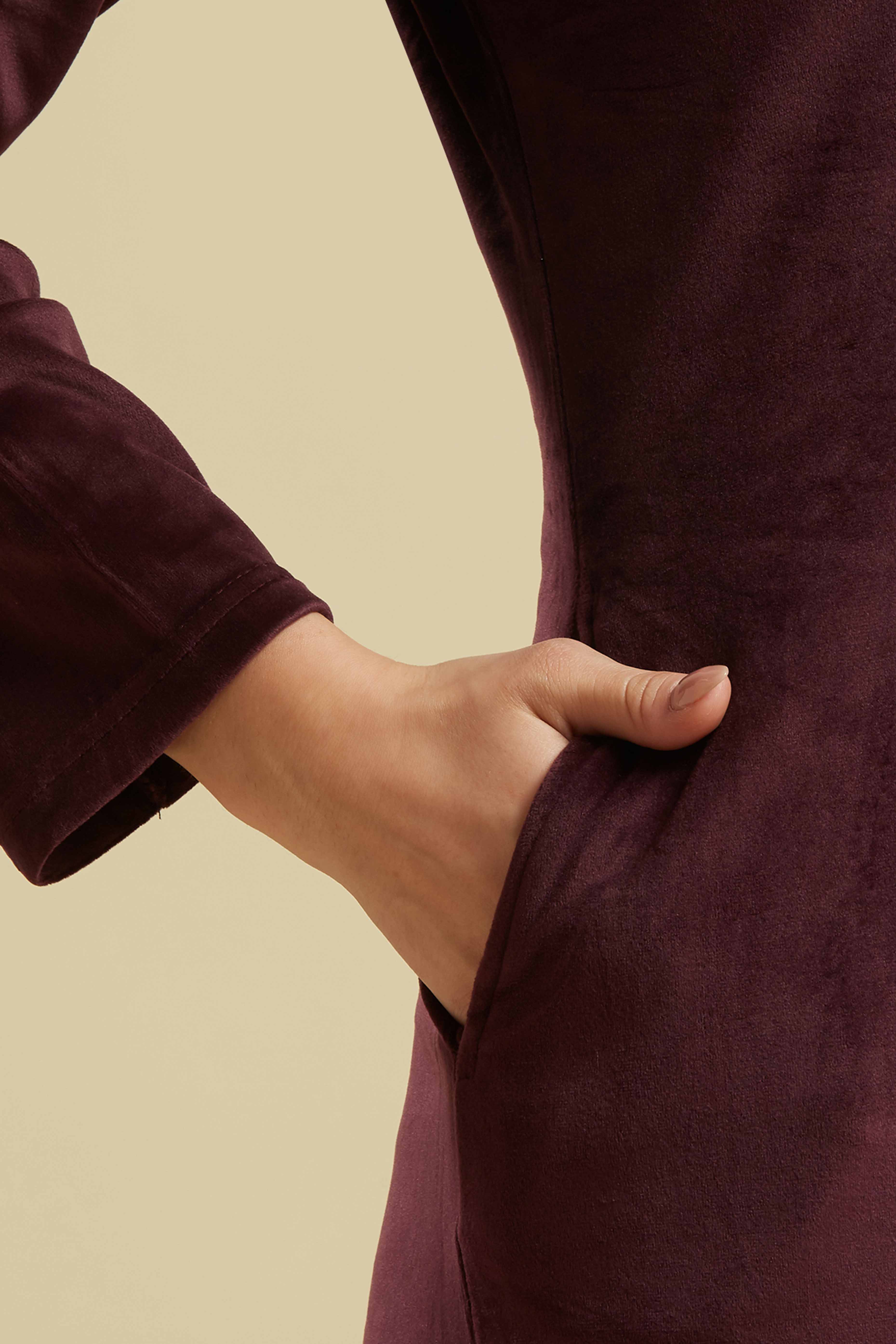 Wine Embroidered Velvet Straight Salwar Suit