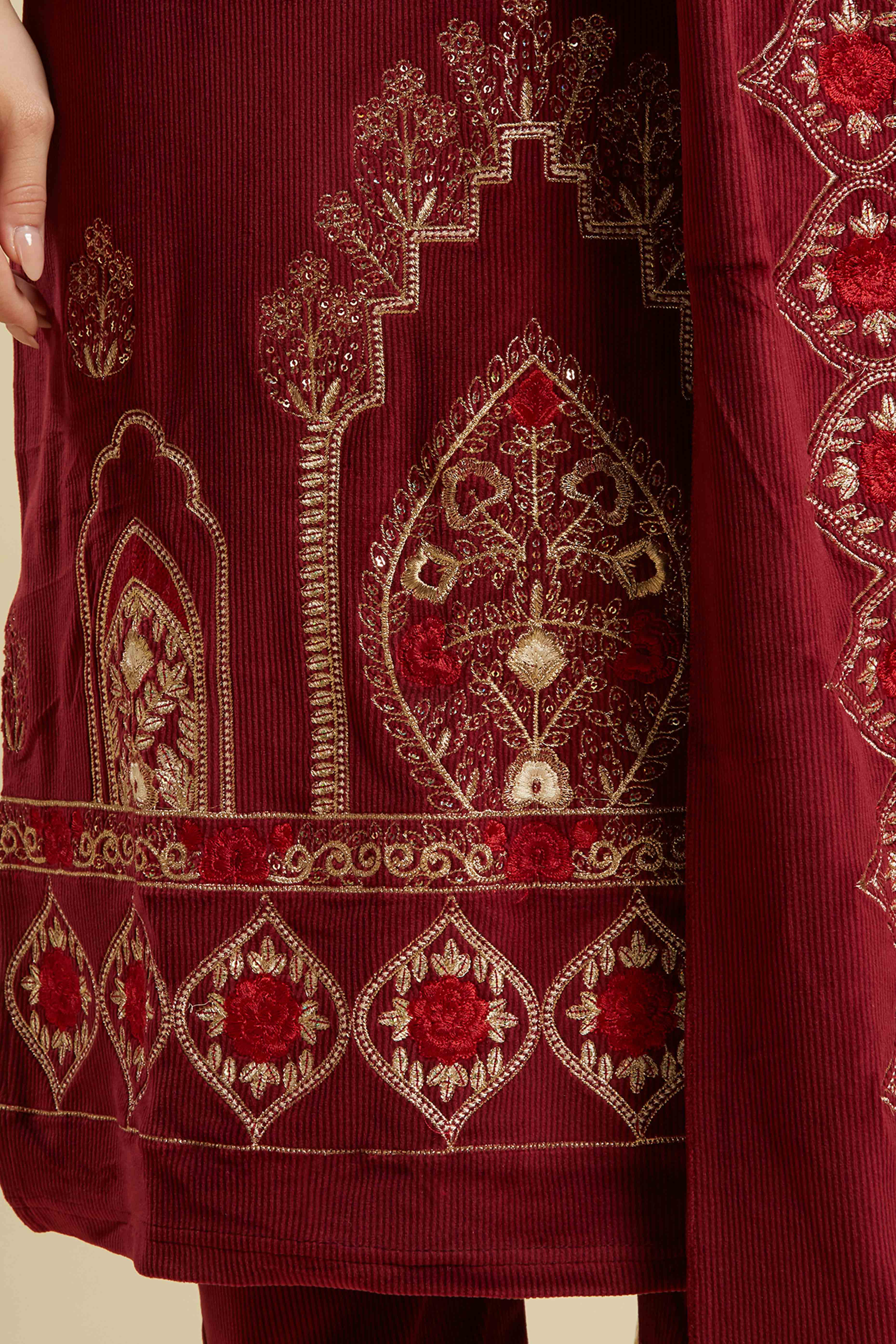 Maroon Embroidered Velvet Straight Salwar Suit