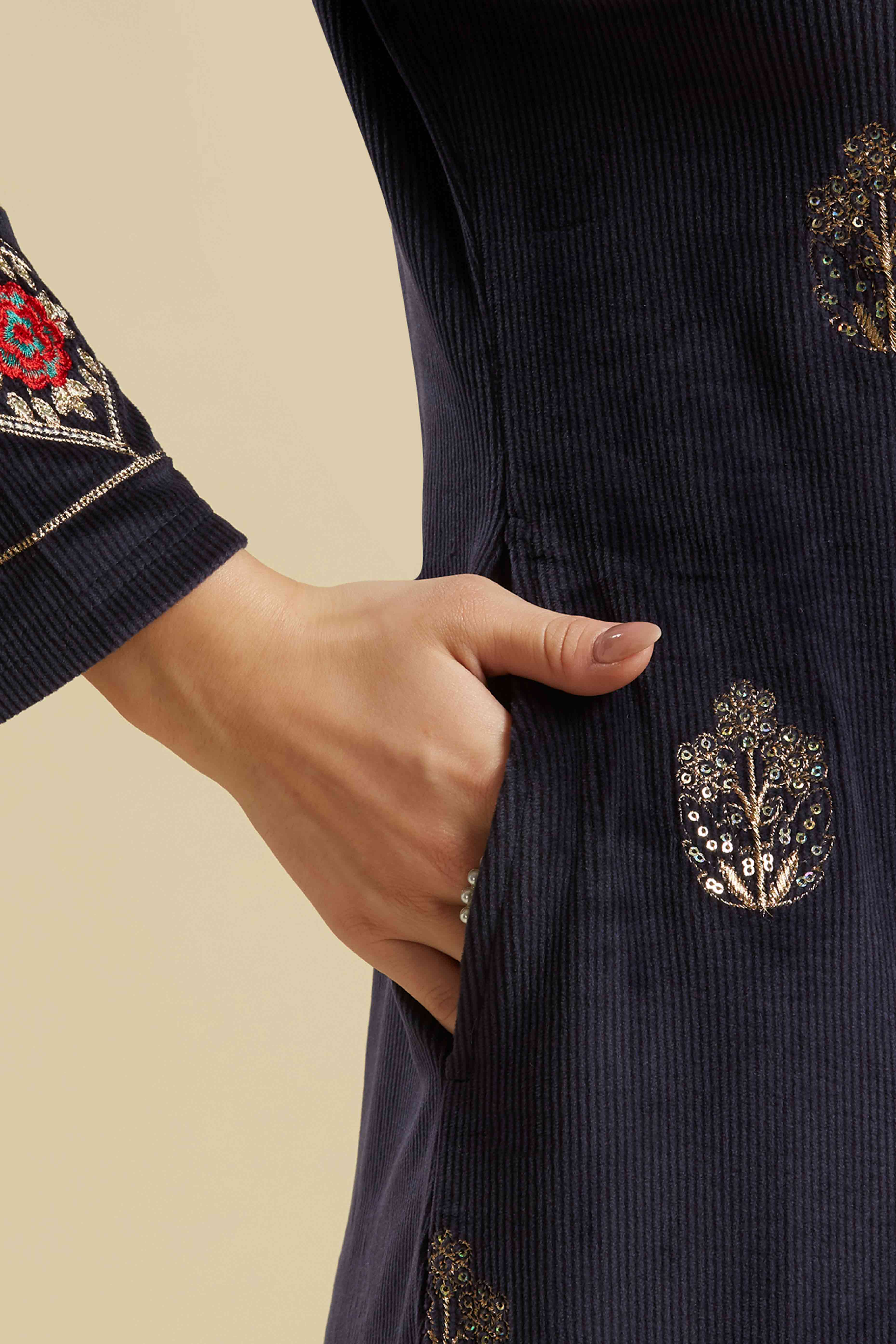 Navy Blue Embroidered Velvet Straight Salwar Suit