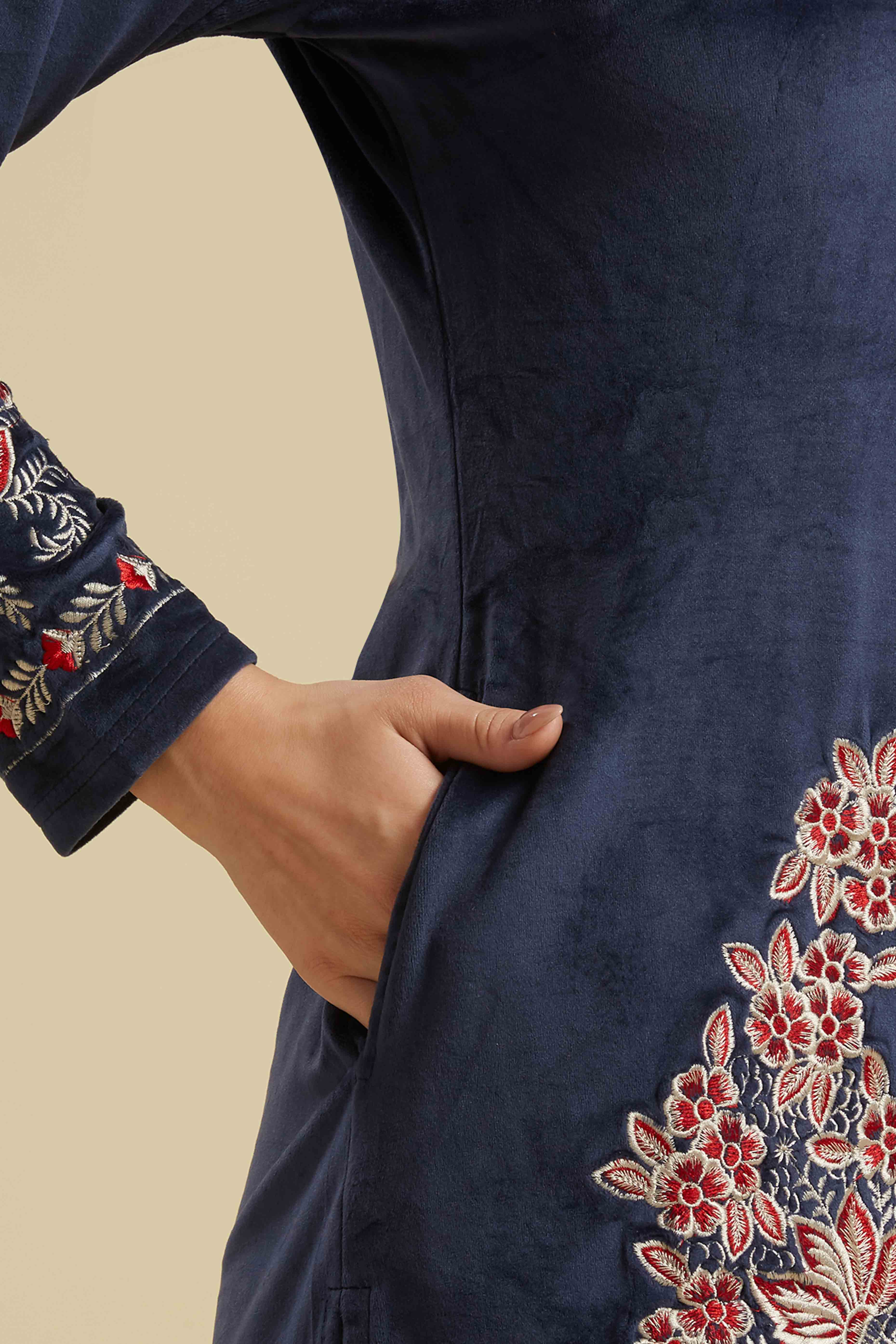 Navy Blue Embroidered Velvet Straight Top Bottom Set