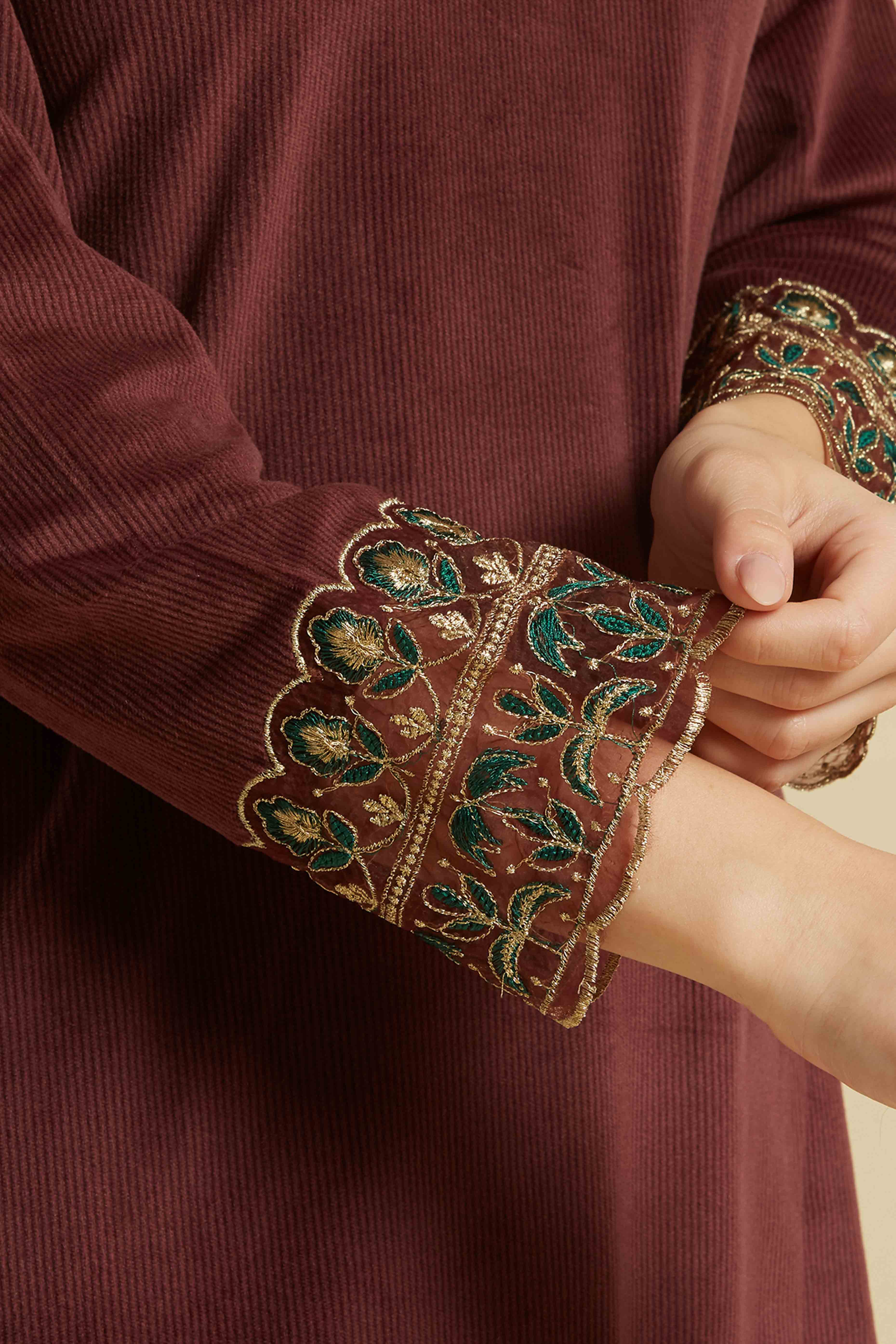 Brown Embroidered Velvet A-Line Top Bottom Set