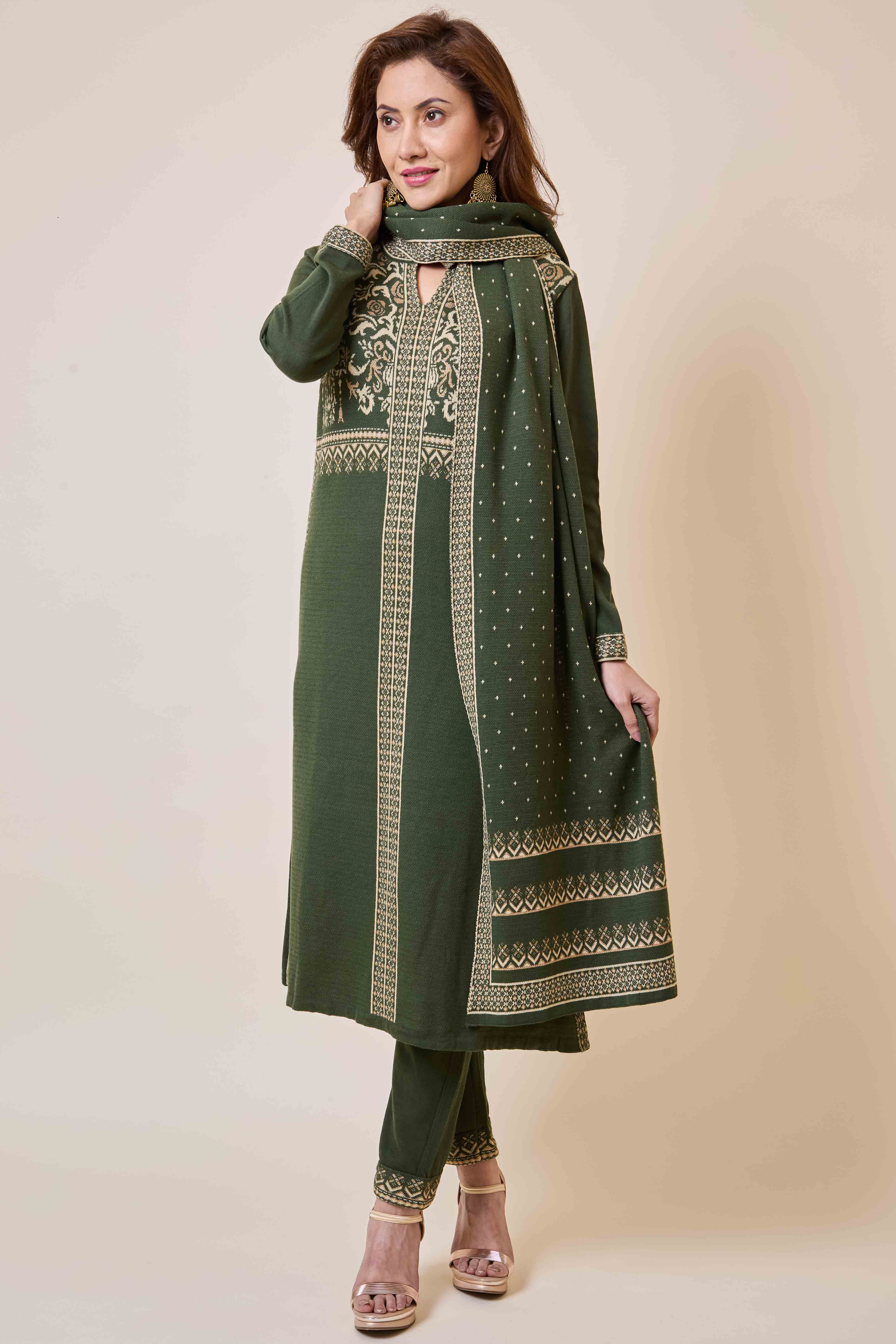 Mehandi Green Floral Woolen Salwar Suit