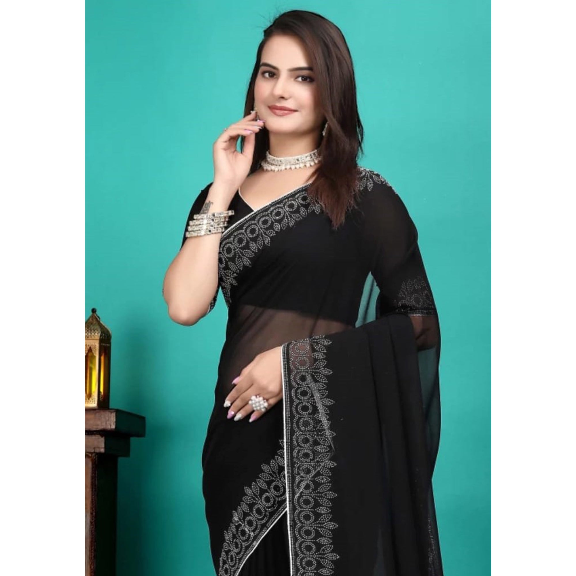 Black Swarovski Work Embroidered Georgette Saree