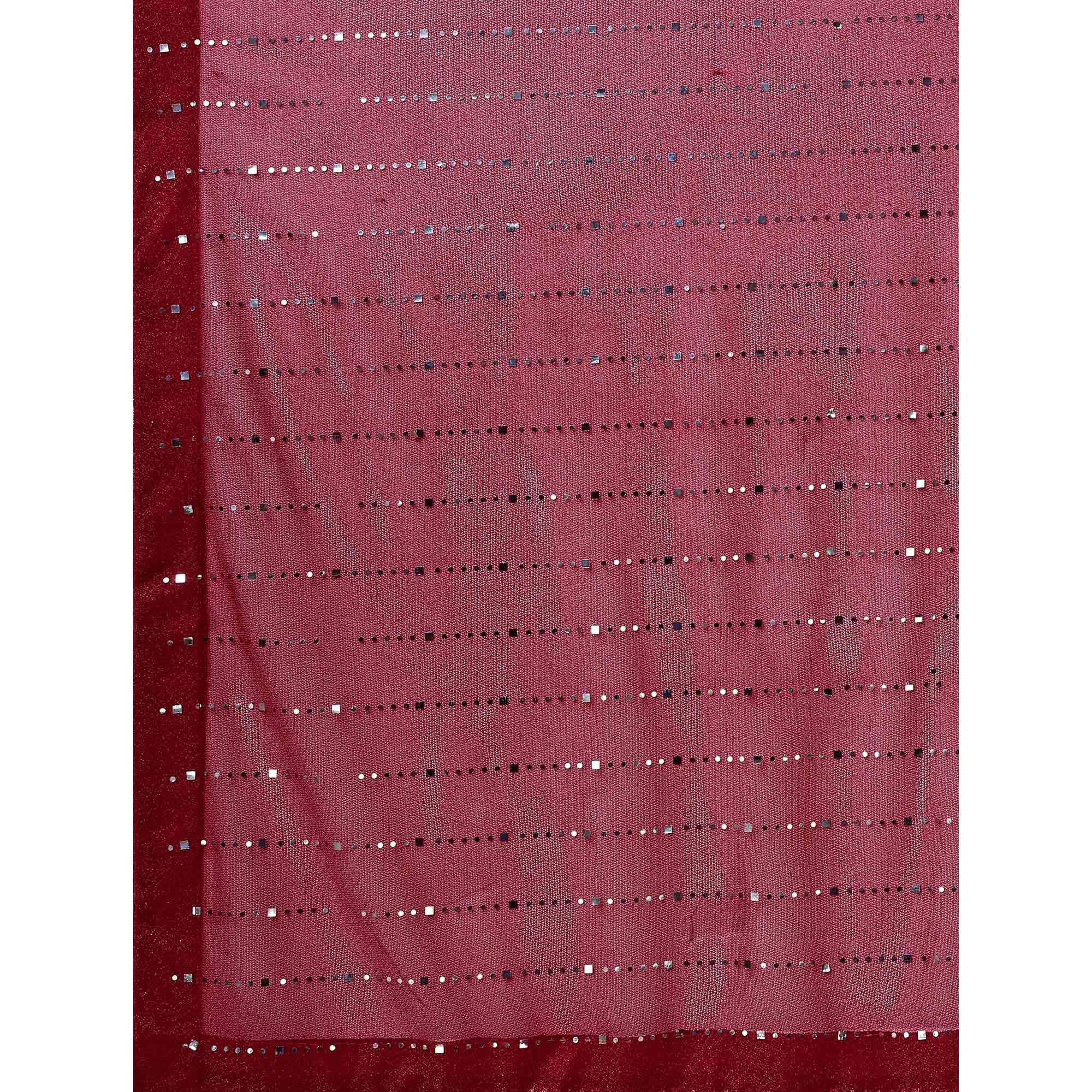 Maroon Striped Foil Printed Rayon Saree