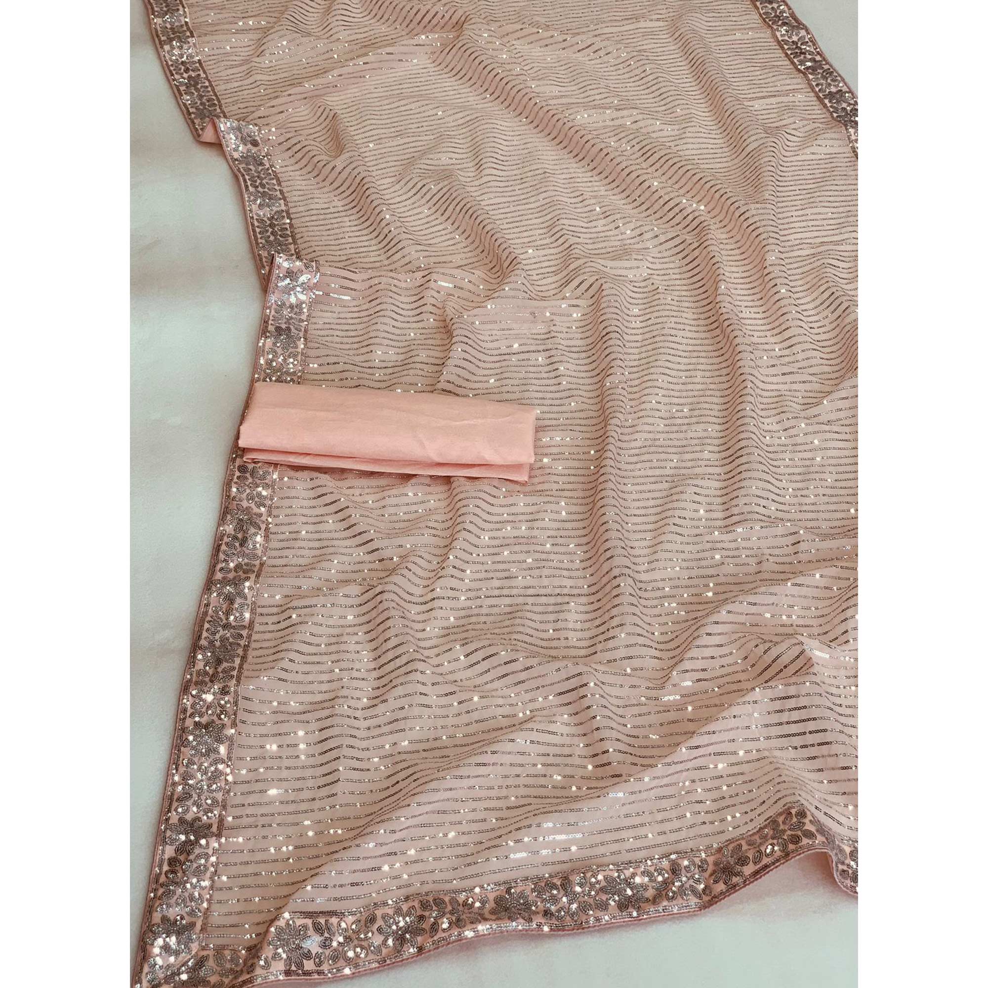 Peach Sequins Embroidered Georgette Saree