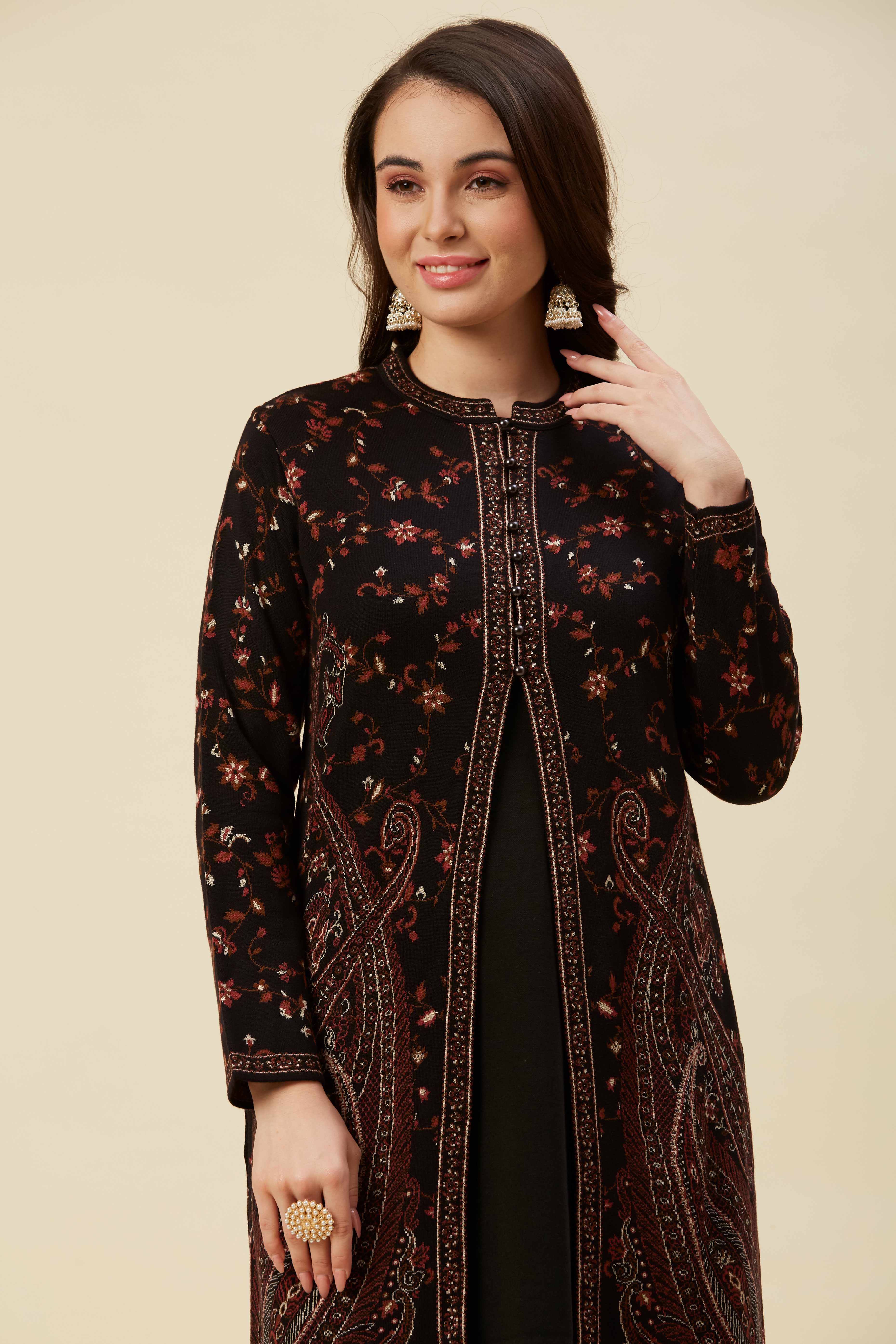 Black Woven Woolen Front Split Top Bottom Set