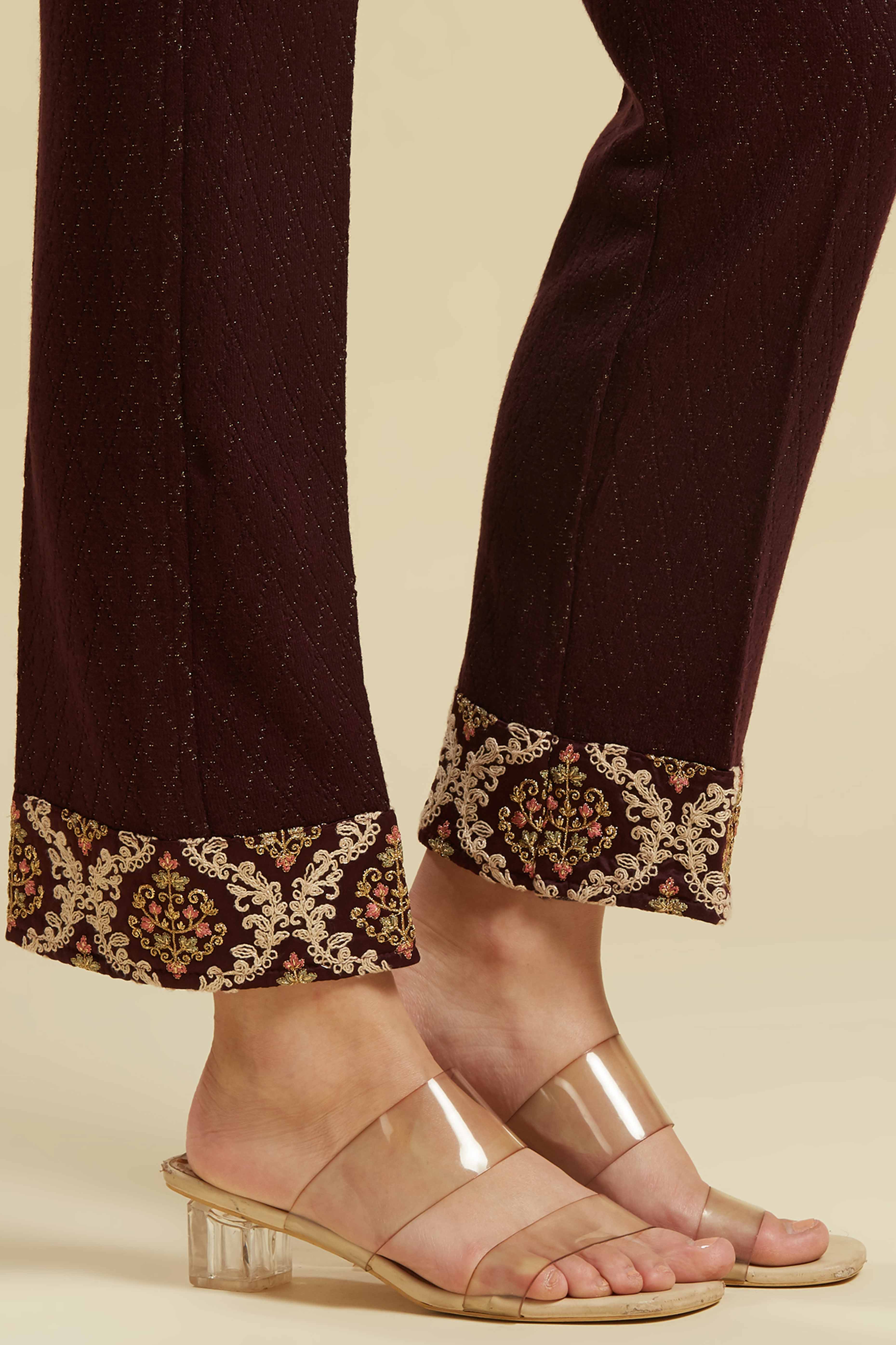 Wine Woven Woolen Straight Top Bottom Set