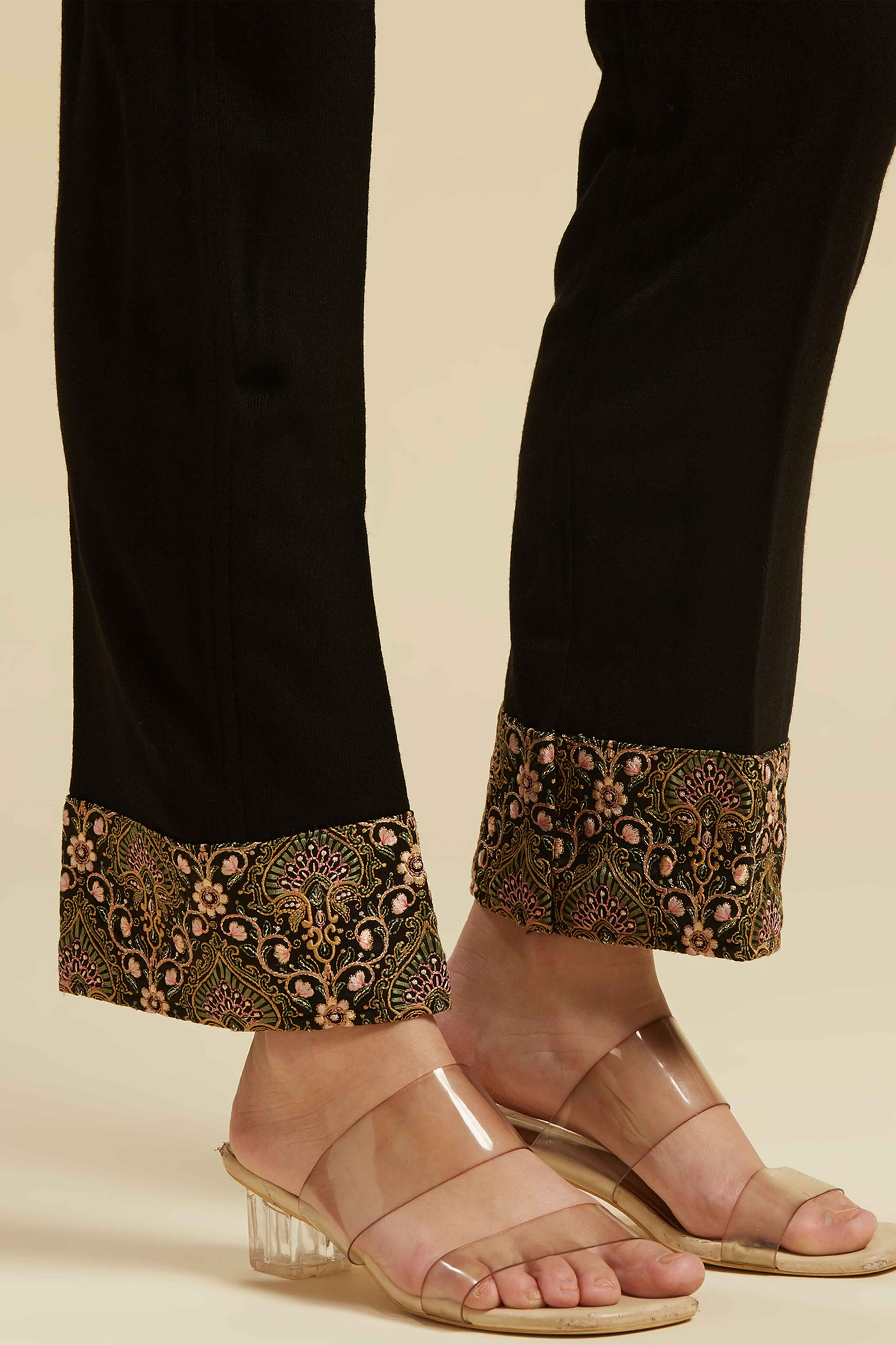 Black Woven Woolen Front Slit Top Bottom Set