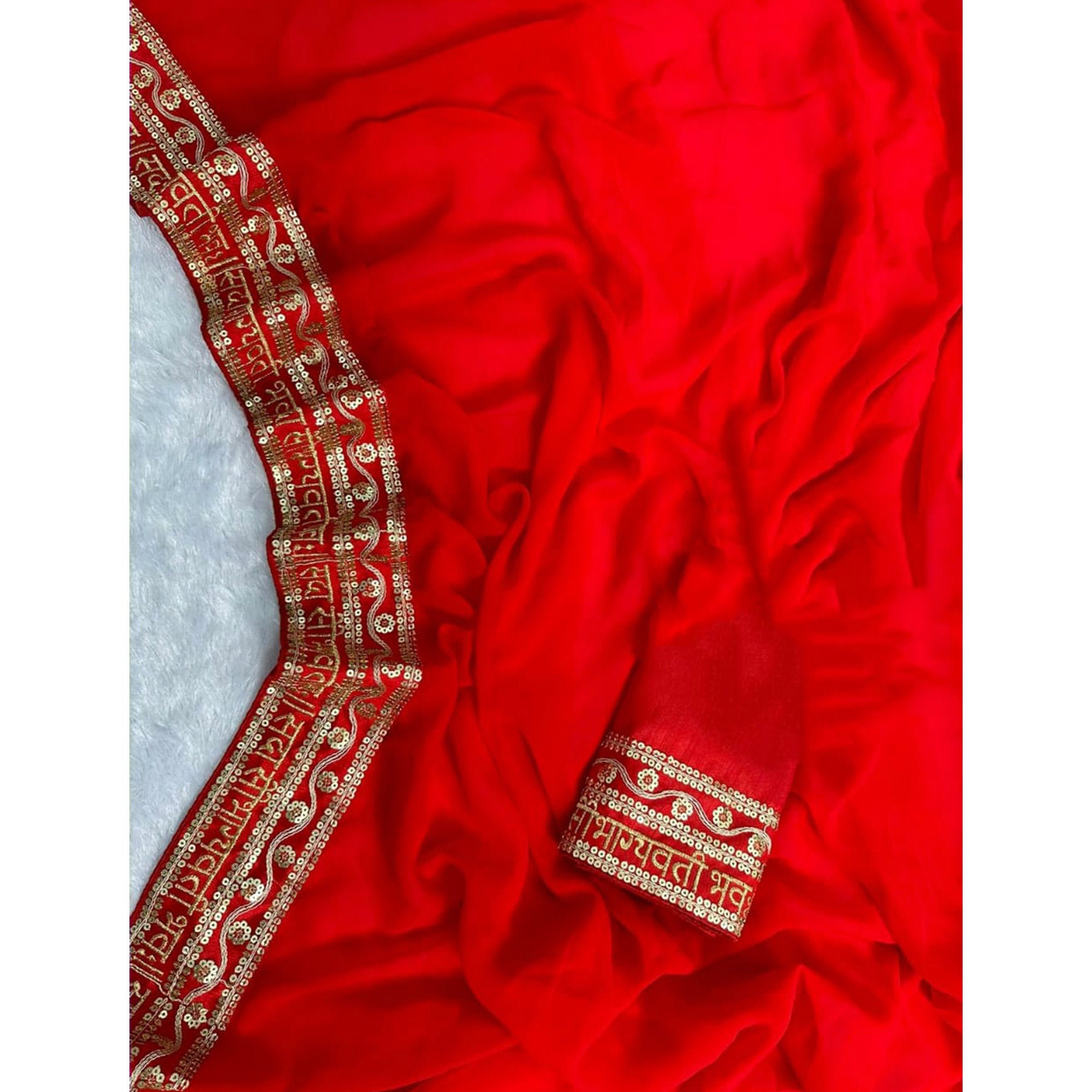 Red Solid With Embroidered Border Georgette Saree