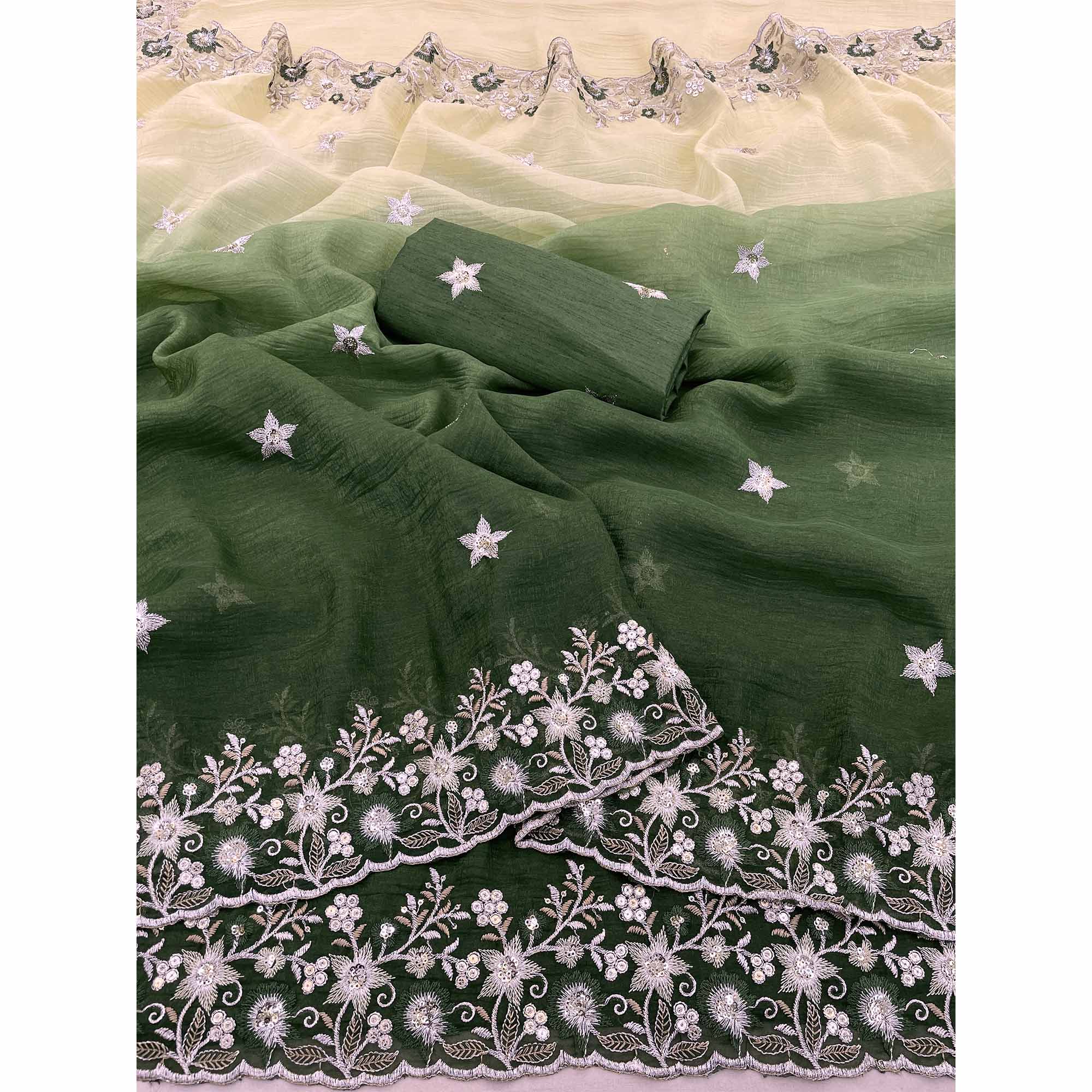 Green Crunchy Crush Saree Featuring Floral Thread Embroidery & Sequins Embellishment