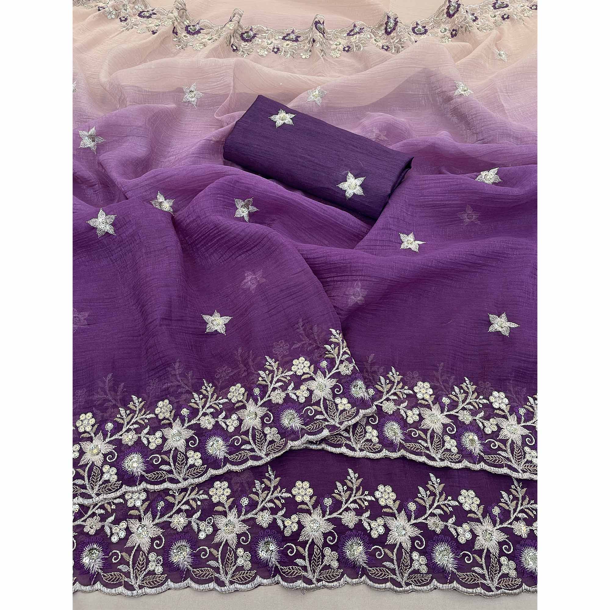 Purple Crunchy Crush Saree Featuring Floral Thread Embroidery & Sequins Embellishment
