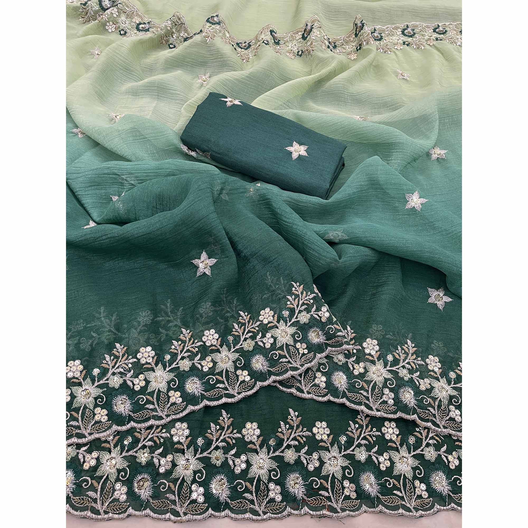 Teal Crunchy Crush Saree Featuring Floral Thread Embroidery & Sequins Embellishment